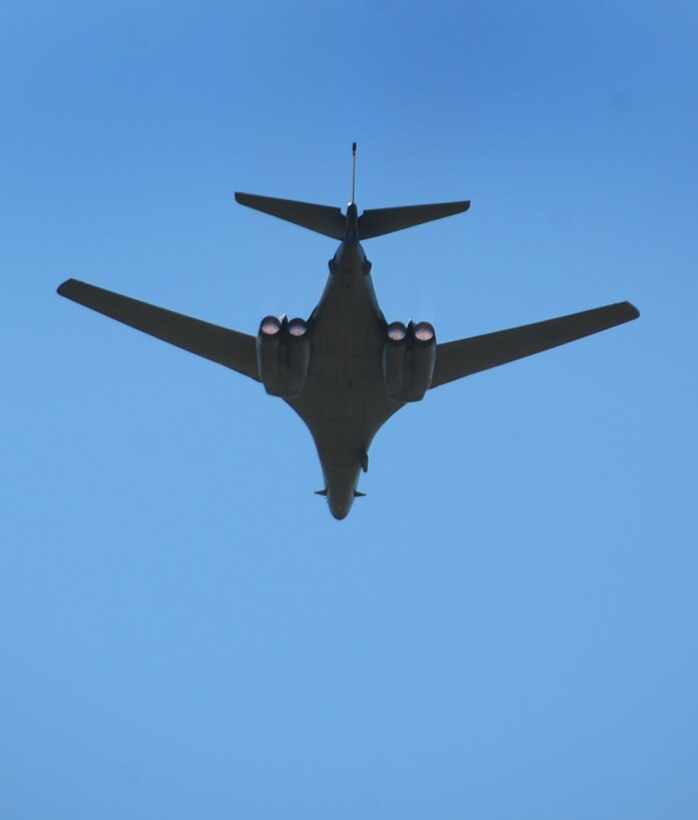 ELLSWORTH AIR FORCE BASE, S.D. -- A B-1B Lancer flies over Main Street, Sturgis S.D., Aug. 10.  The fly-by was in honor of Military Appreciation Day during the Sturgis Motorcycle Rally. (U.S. Air Force photo/Airman 1st Class Anthony Sanchelli)