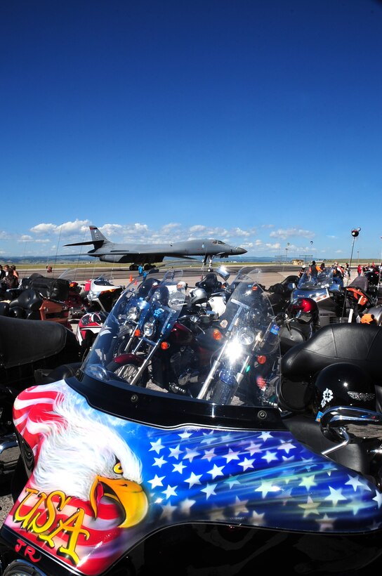 ELLSWORTH AIR FORCE BASE, S.D. -- The flightline displays a mix of aircrafts as well as motorcycles in preparation of the Dakota Thunder bike ride to Sturgis S.D., Aug. 10.  The ride consisted of more than 500 bikers on a 57 mile ride. (U.S. Air Force photo/Airman 1st Class Anthony Sanchelli)