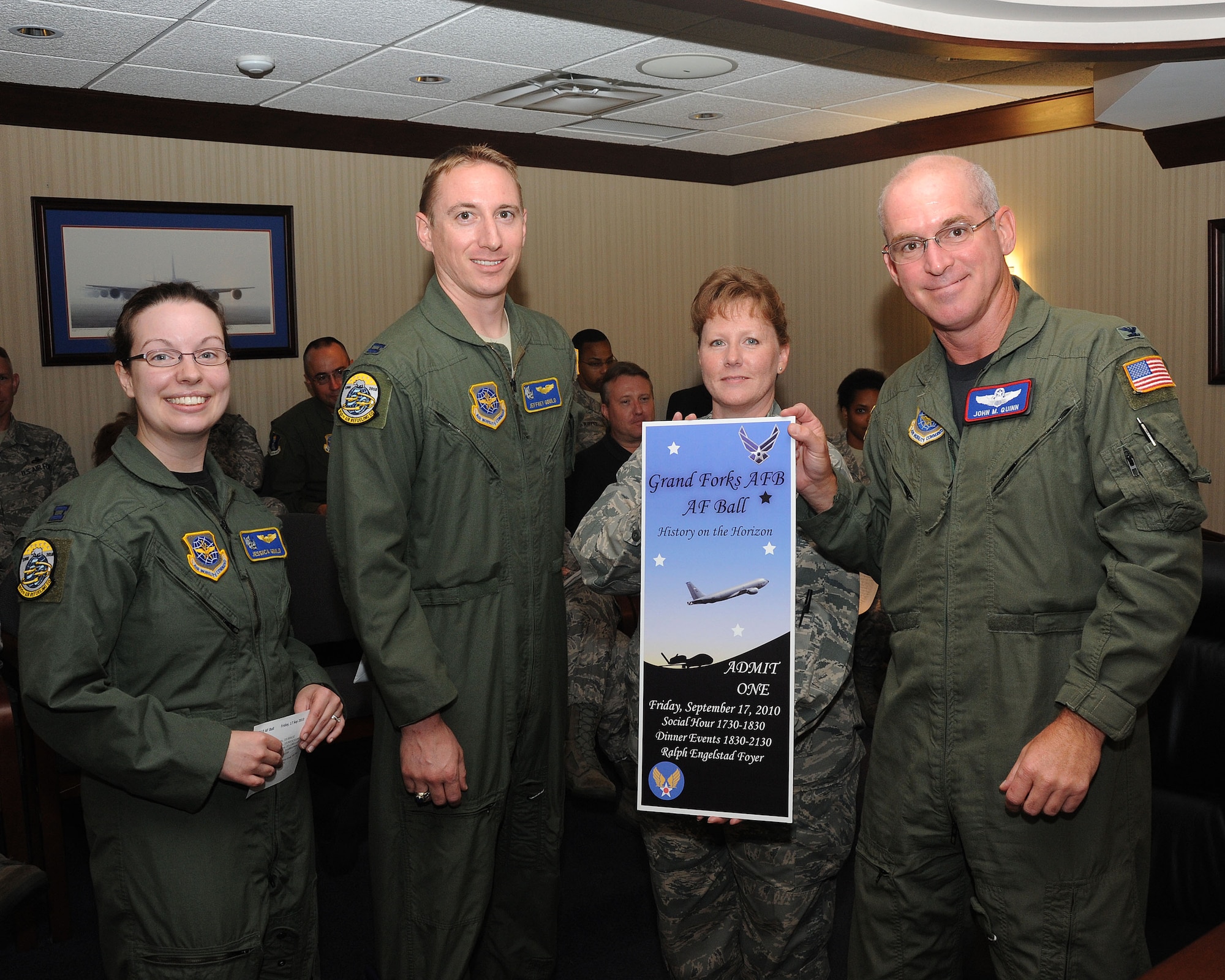 Col. John Quinn, 319th Air Refueling Wing vice-commander, buys the first ticket to the Grand Forks Air Force Base Air Force Ball Aug. 11. The ball will take place Sept. 17 at the Ralph Engelstad Arena Foyer. Tickets are on-sale now and can be bought through Company Grade Officers Association group representatives: Capt. Brent Chisholm, 319th ARW, 1st Lt. Ulises Atilano, 319th Medical Group, 1st Lt. Jonathan Barnes, 319th Mission Support Group, 2nd Lt. James Williams, 319th Maintenance Group and 2nd Lt. Anna Hall, 319th Operations Group.

Ticket prices vary per person depending on pay-grade; E-1 to E-4 cost $10, E-5 to E-6 and GS-5 to GS-9 cost $15, E-7 to E-8, O-1 to O-2 and GS-11 to GS-12 cost $25 and E-9, O-3 and up and GS-12 and up cost $30.