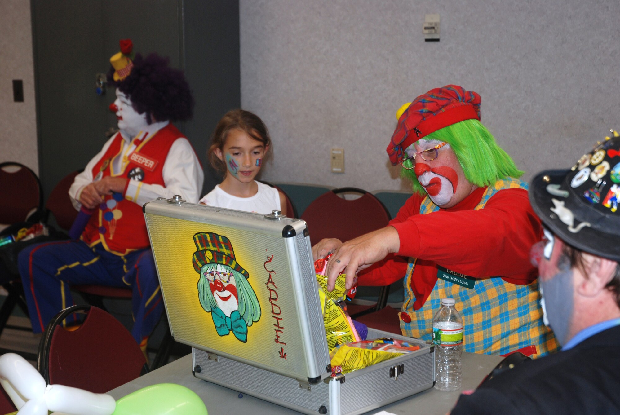Professional clowns visited Westover Sunday, August 8, for a 42nd Aerial Port Squardon family event for the families of deployed aerial porters. The clowns, who are part of the Shriners Center, volunteered to entertain children of aerial port squardon members who are currently deployed. 