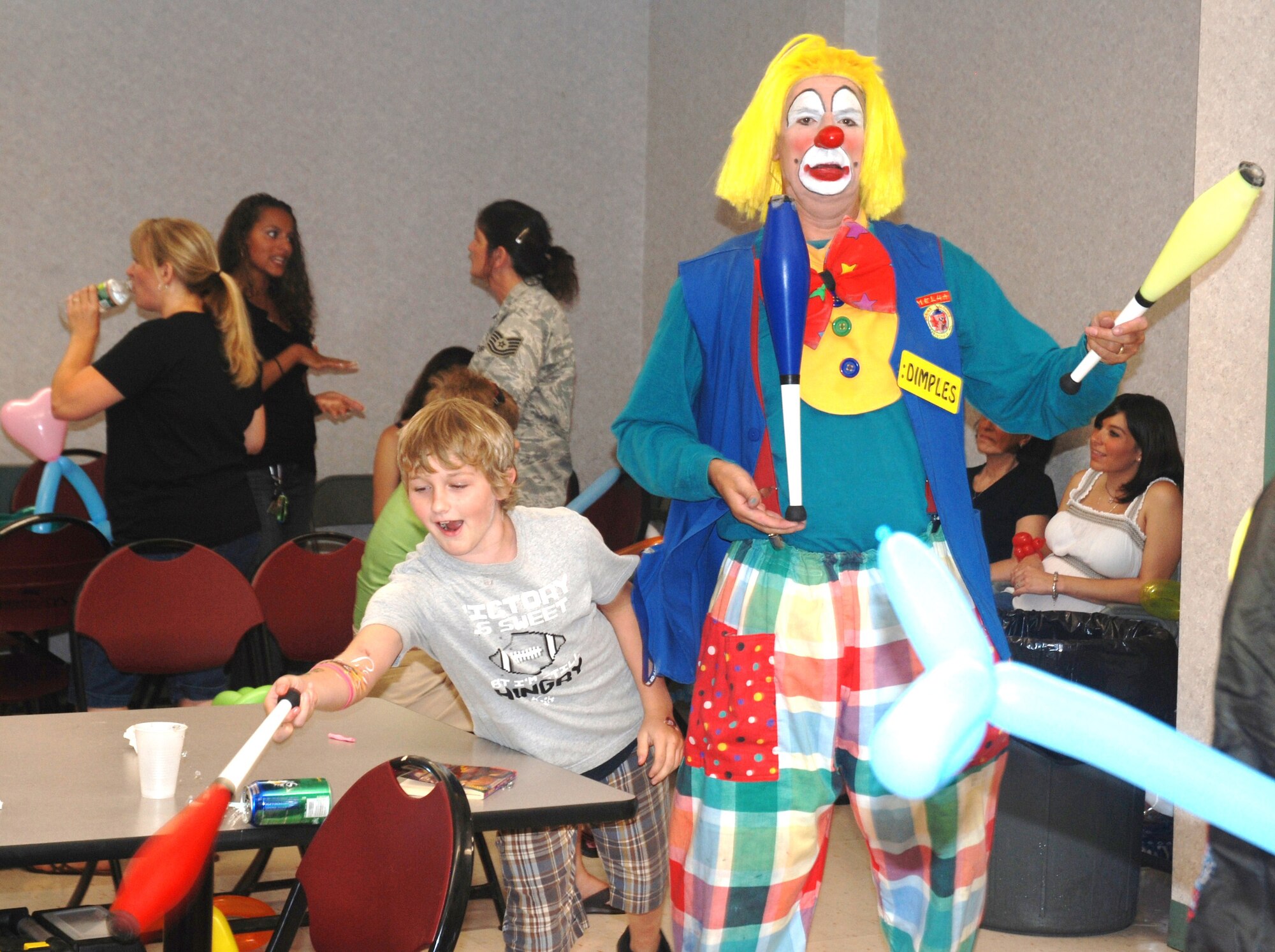 Professional clowns visited Westover Sunday, August 8, for a 42nd Aerial Port Squardon family event for the families of deployed aerial porters. The clowns, who are part of the Shriners Center, volunteered to entertain children of aerial port squardon members who are currently deployed. 