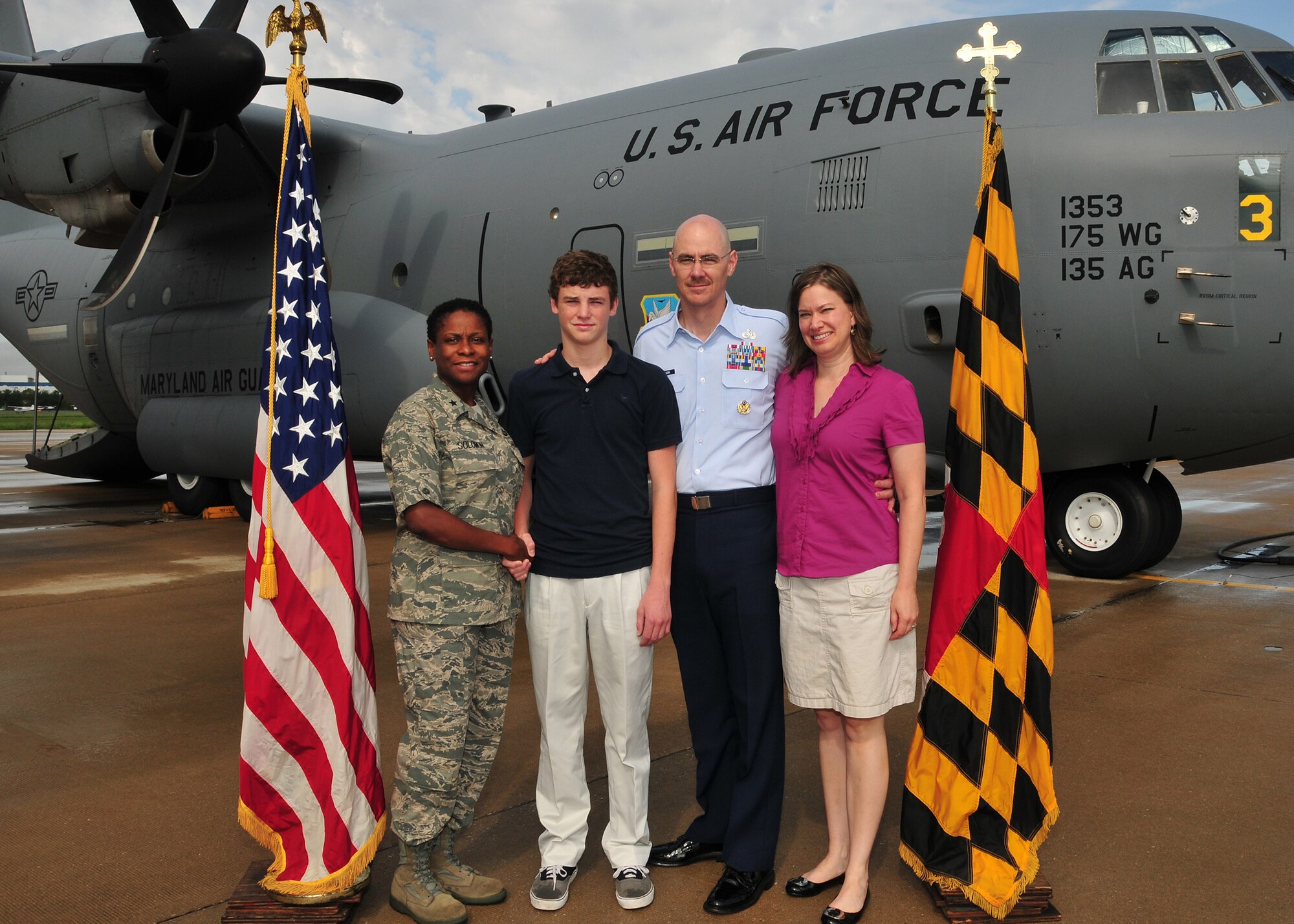 Brig. Gen. Allyson R. Solomon, the assistant adjutant general for Air, Maryland Air National Guard and special assistant to the National Guard Bureau, conducted the enlistment oath for Colin Anderson on August 12, 2010 at Warfield Air National Guard Base, Baltimore, Maryland.  Colin, the son of Chief Master Sgt. Ronald C. Anderson, Jr. and wife Amy will be joining the 135th Maintenance Squadron as an Avionics Specialist.  (United States Air Force Photo by TSgt. Chris Schepers/ RELEASED)