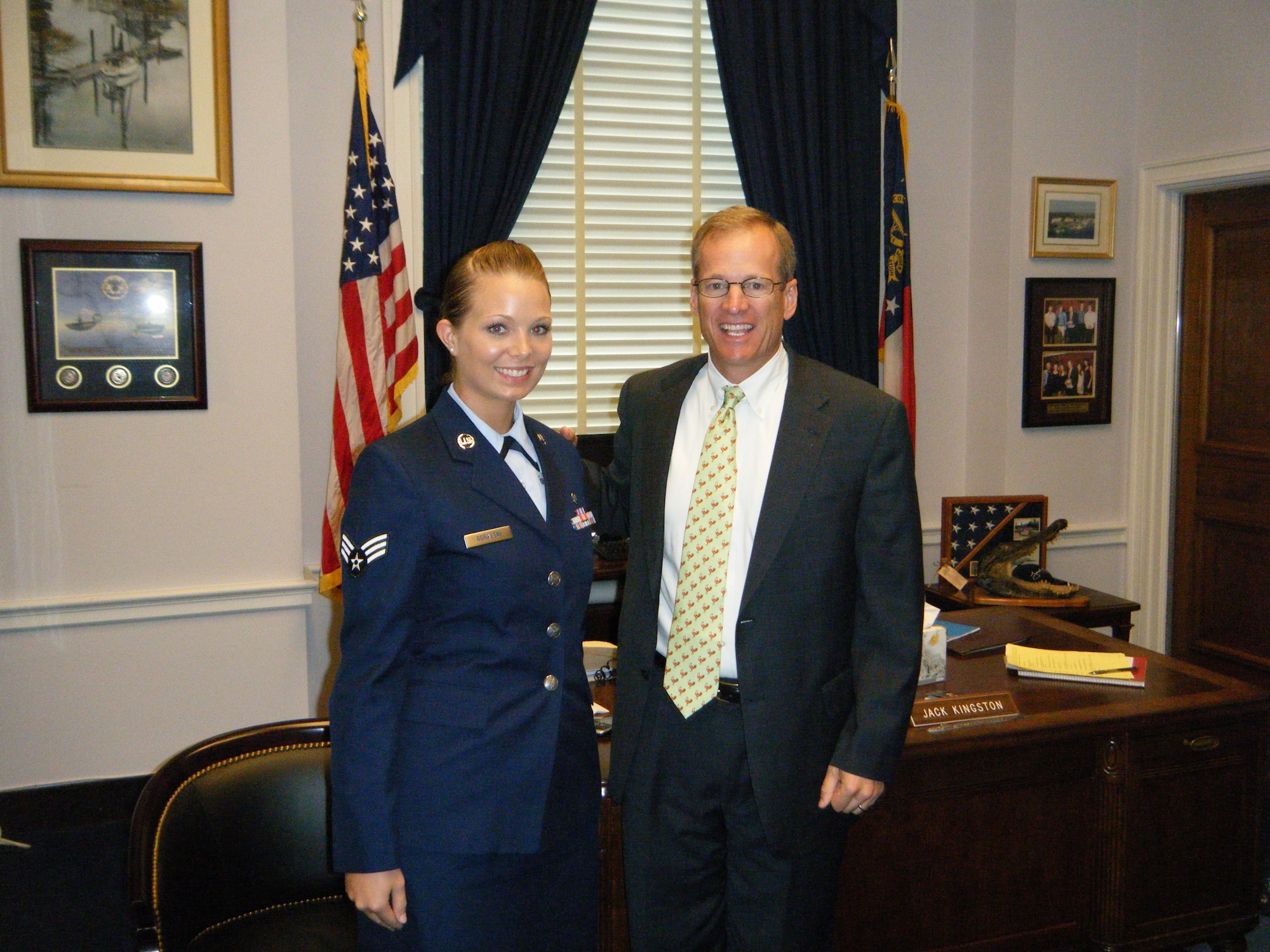 WASHINGTON, D.C. -- Senior Airman Amanda Goralski, 23rd Medical Group bioenvironmental engineering technician, visited Rep. Jack Kingston of Georgia July 27. Airman Goralski accompanied 23rd Wing leadership to D.C. after being chosen not only because she is from Georgia, she was also chosen because of her speaking skills and professional image. (U.S. Air Force photo by Chief Master Sgt. Richard Parsons/RELEASED)