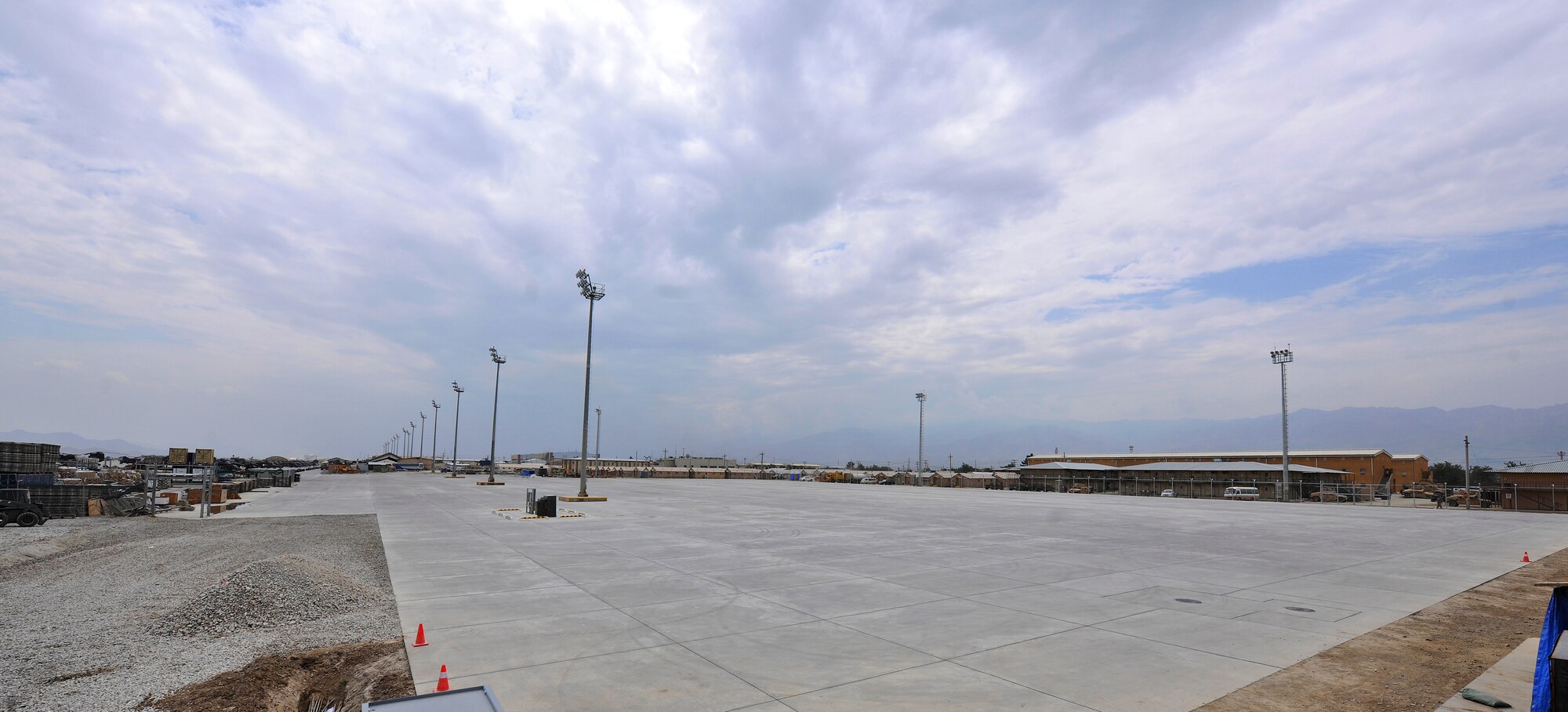 The new cargo handling ramp, operated by the 455th Expeditionary Aerial Port Squadron, officially opened here Aug 11, 2010. The 90,000 square foot cargo handling ramp will improve cargo storage and distribution to base units and forward operating bases. (U.S. Air Force photo/Staff Sgt. Christopher Boitz)