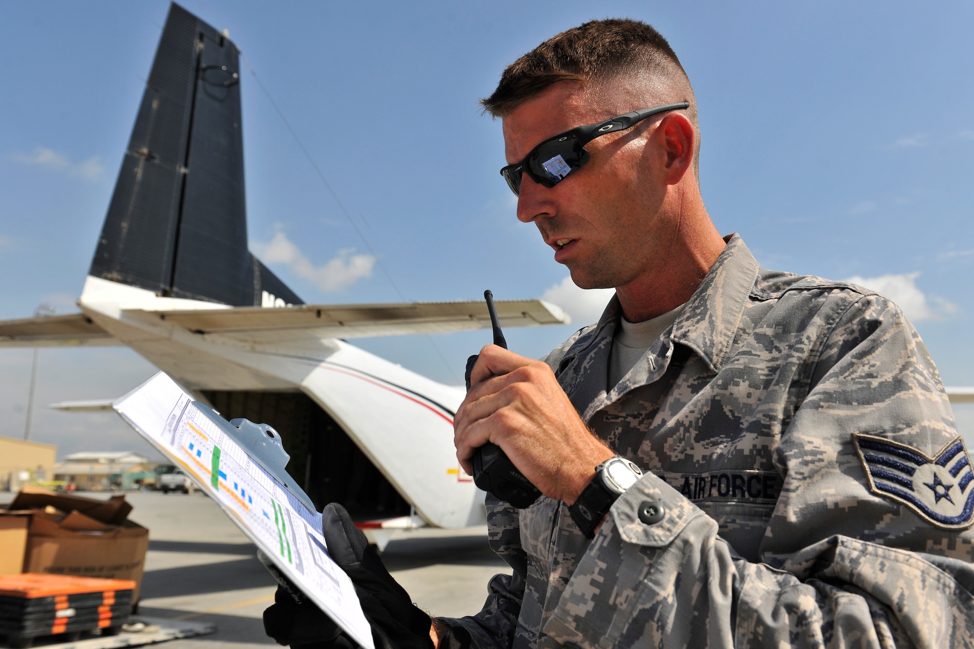 Staff Sgt. Michael Martin is this week's 455th Air Expeditionary Wing's
Warrior of the Week. He is member of the short take offs and landings flight
assigned to the 455th Expeditionary Aerial Port Squadron. His primary duties
include inbound and out bound flight documentation, creating daily reports
for dissemination to higher headquarters, pulls mail and cargo for down
range stations, calculates cargo weights for ACL's, operates MHE for the up
and down load of mail and cargo. He also works with higher headquarters and
multiple sister service base agencies to ensure the on-time delivery of
mail, cargo, and passengers to forward operating bases across Afghanistan.
Sgt Martin is deployed from the 38th APS, Charleston Air Force Base, S.C.
and is a native of Charleston. (U.S. Air Force photo/Staff Sgt. Christopher Boitz)