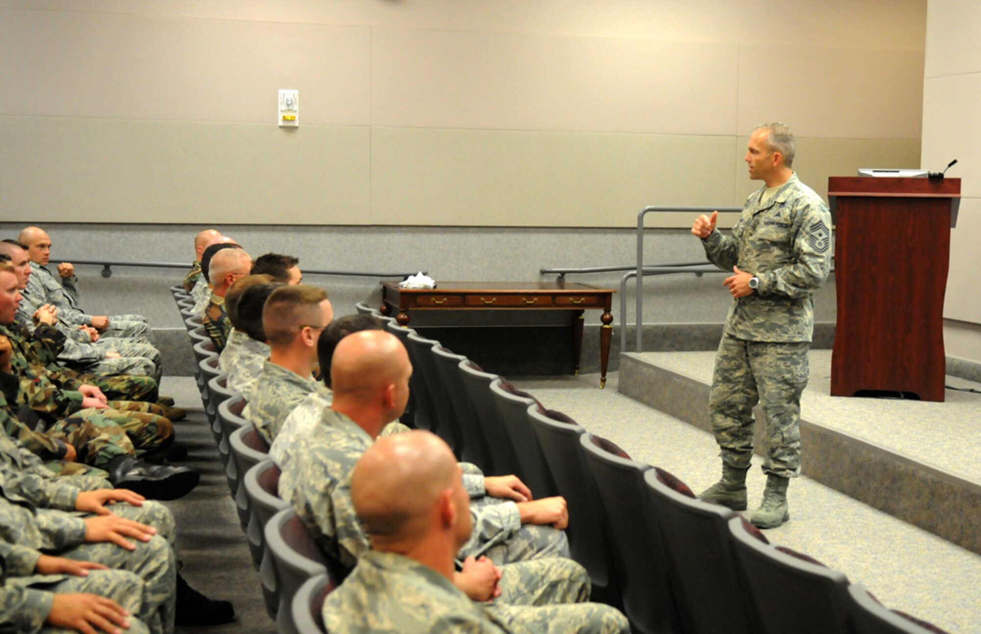 Chief Master Sgt. Martin Klukas, Air Combat Command command chief, speaks to Airmen Aug. 5 at the Air Force Combat Ammunition Center. Chief Klukas talked about the future of ACC and opened to floor up for the Airmen to ask any questions they had. (U.S. Air Force photo by Airman 1st Class David Tracy)