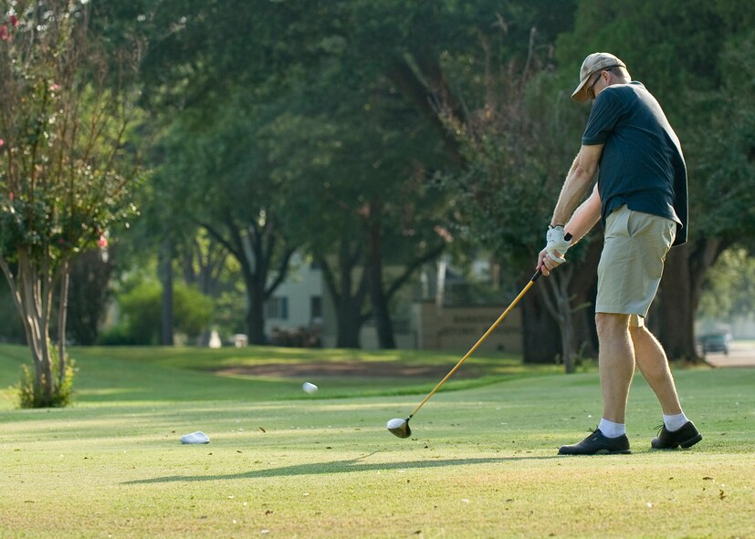 BARKSDALE AIR FORCE BASE, La. -- Col. Chad Stevenson drives a ball during a golf tournament Aug. 13. The golf tournament was one of many events held to celebrate the one year anniversary of Air Force Global Strike Command. (U.S. Air Force photo by Senior Airman Chad Warren)(RELEASED)