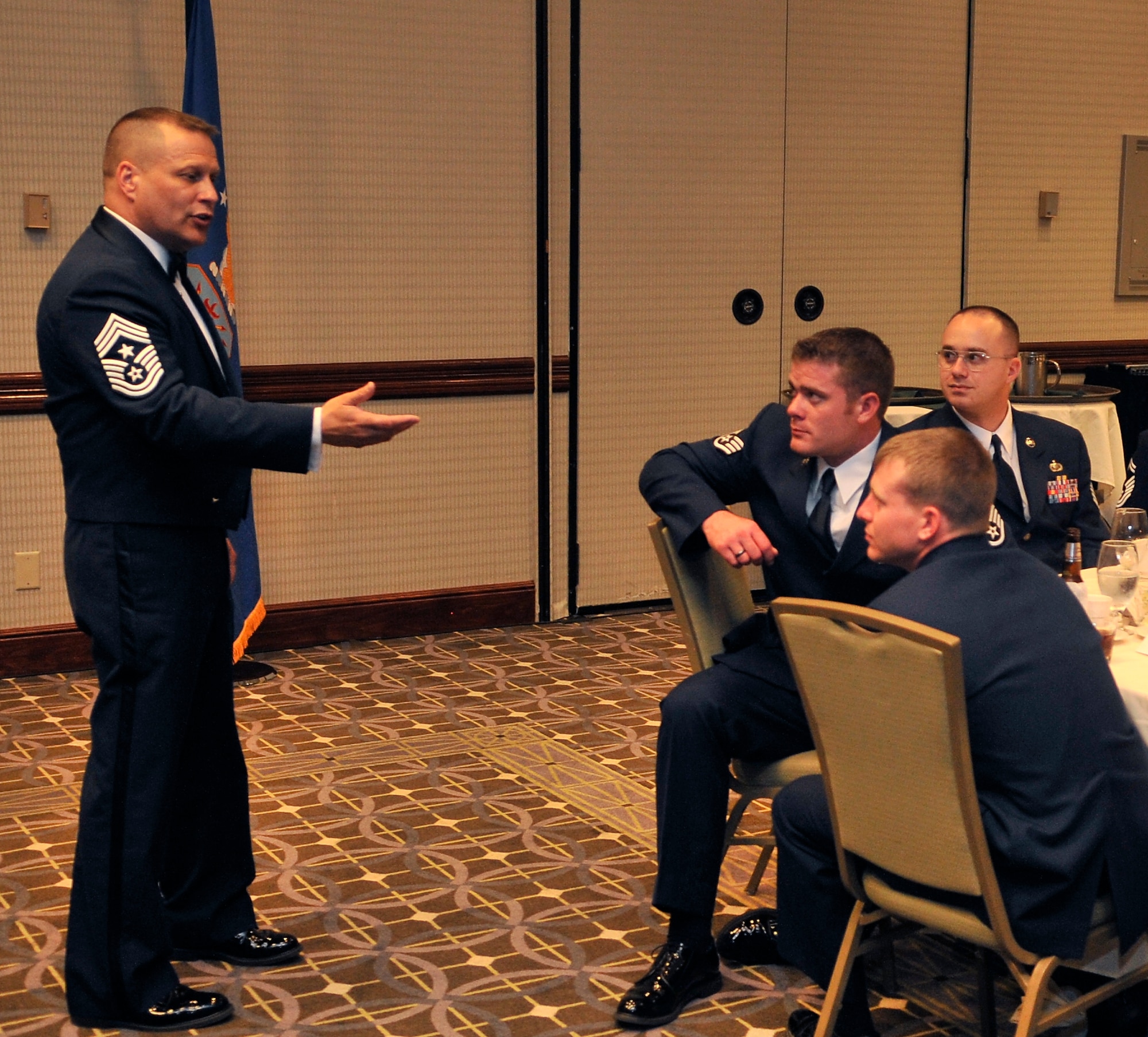 BUCKLEY AIR FORCE BASE, Colo. -- Chief Master Sgt. James MacKinley, 14th Air Force command chief master sergeant, speaks to the graduating class of the Buckley Airman Leadership School Aug. 10. ALS is designed to provide senior airmen with the leadership skills needed to be supervisors. (U.S. Air Force photo by Airman 1st Class Paul Labbe.)

