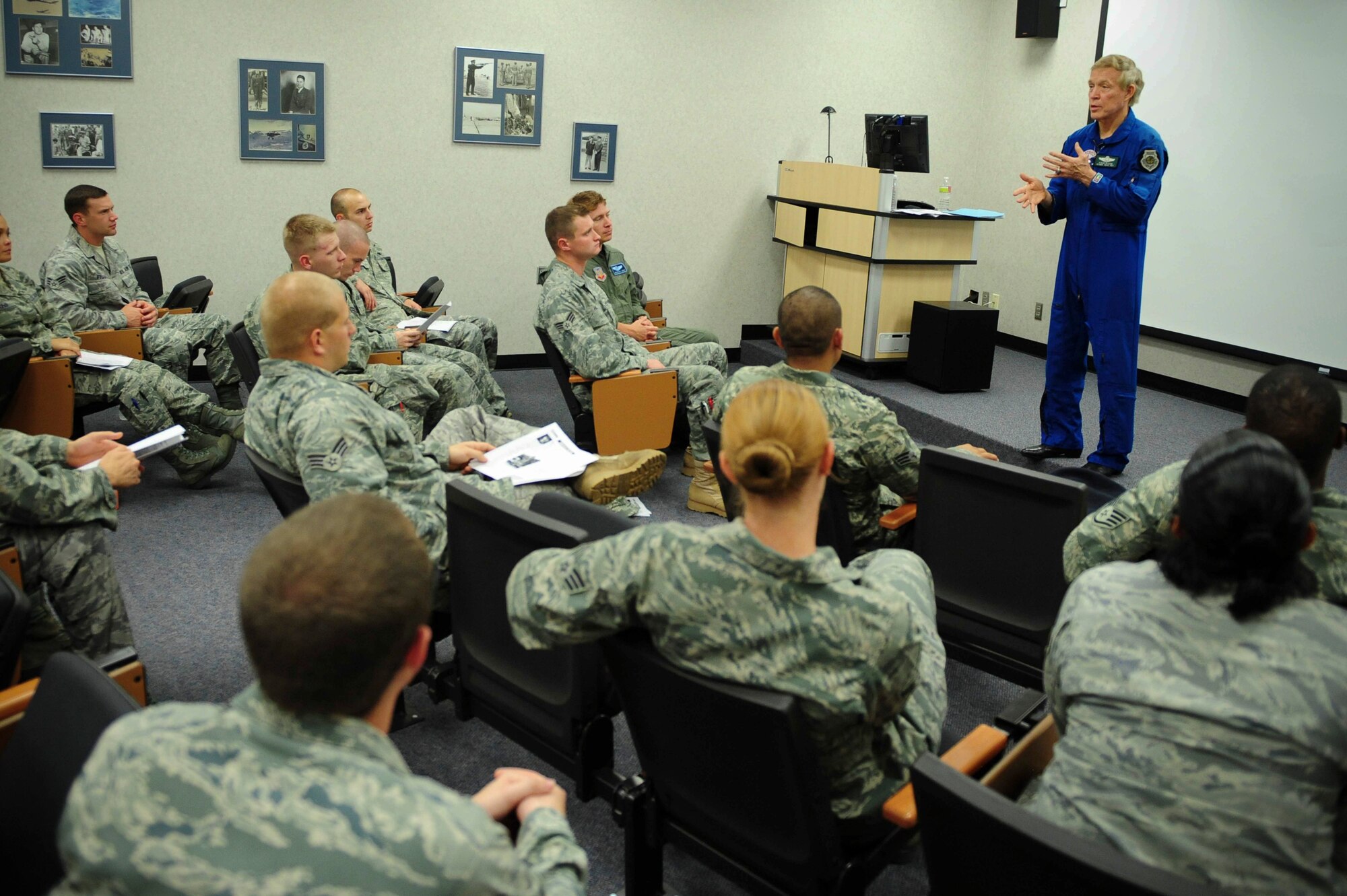 ELLSWORTH AIR FORCE BASE, S.D. - Brig. Gen. (Ret.) Steve Ritchie, speaks to the Airmen Leadership School class of 10-7, Aug. 9, 2010. Retired Brig. Gen. Ritchie is a recipient of the Air Force Cross, the second highest military decoration that can be awarded to a member of the U.S. Air Force. He toured Ellsworth Air Force Base speaking to Airmen across the Bomb Wing, and was a guest speaker at the 70th annual Sturgis Motorcycle Rally. (U.S. Air Force photo/Senior Airman Corey Hook)
