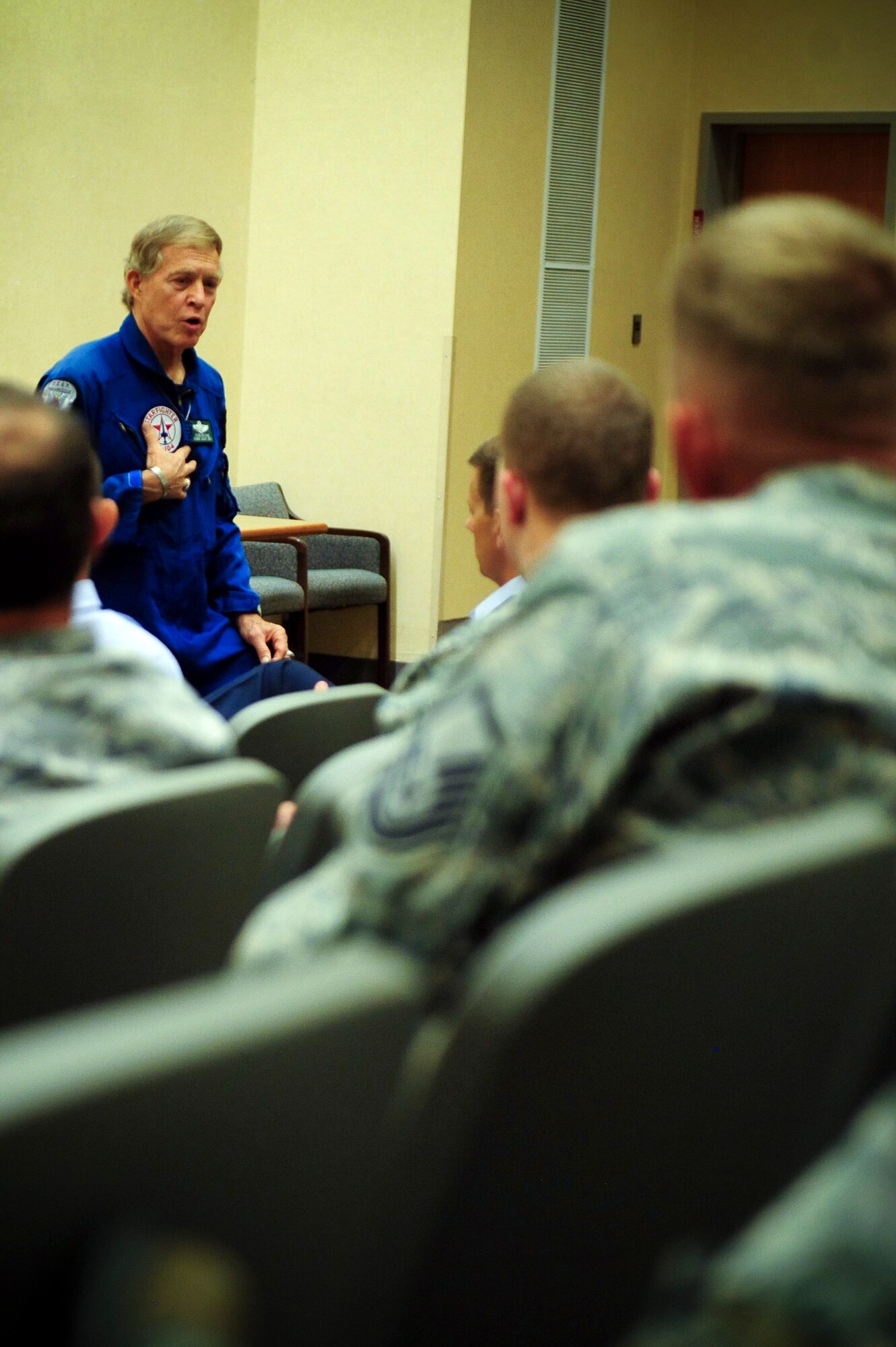 ELLSWORTH AIR FORCE BASE, S.D. - Brig. Gen. (Ret.) Steve Ritchie, speaks to Airmen of the 34th and 37th Bomb Squadron, Aug. 9, 2010. General Ritchie is the only U.S. Air Force pilot ace in the Vietnam War. He toured Ellsworth Air Force Base speaking to Airmen across the Bomb Wing, and was a guest speaker at the 70th annual Sturgis Motorcycle Rally. (U.S. Air Force photo/Senior Airman Corey Hook)

