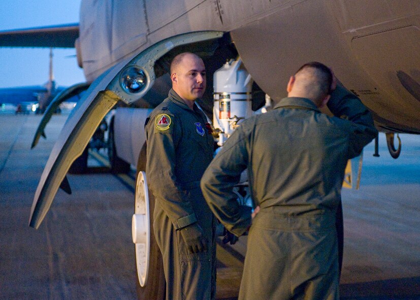 BARKSDALE AIR FORCE BASE, La. -- Crewmembers from the 96th Bomb Squadron conduct a pre-flight inspection of a B-52 before takeoff Aug. 11. The flight was part of an exercise leading up to Air Force Global Strike Command?s first ever Global Strike Challenge. (U.S. Air Force photo by Senior Airman Chad Warren)(RELEASED)