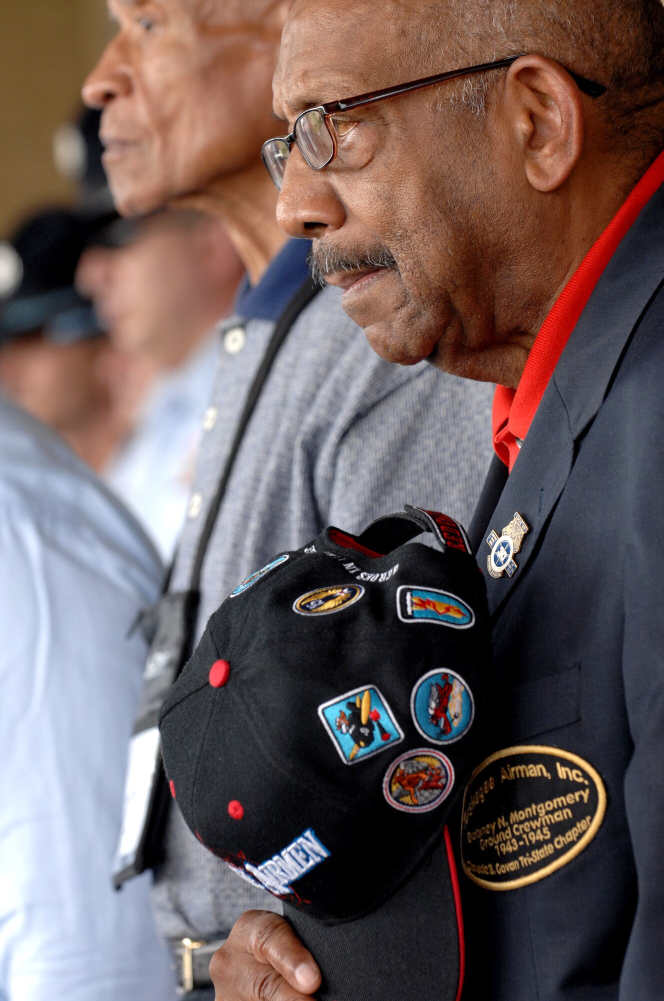 Original Tuskegee Airman Dabney Montgomer places his hat over his heart during the U.S. national anthem during the Tuskegee Airman Inc. Convention, San Antonio, Texas, July 30, 2010.(U.S. Air Force photo by Staff Sgt. Joseph Araiza/Released).