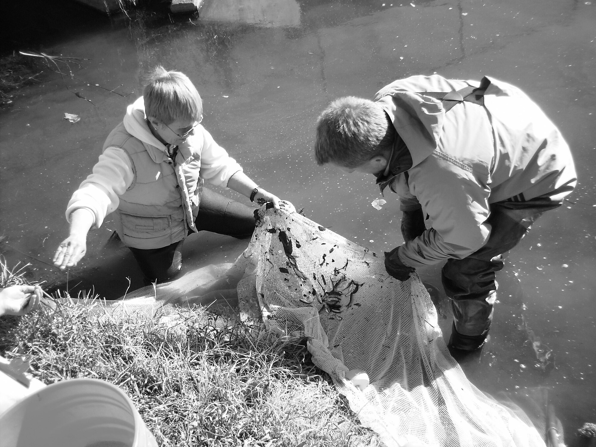 Dr. Edie Marsh Matthews, curator of ichthyology at the Sam Noble Oklahoma Museum of Natural History and Ray Moody, natural resource biologist from the 72nd Air Base Wing Civil Engineer Directorate, collect a sample of small fish from one of Tinker’s Creeks recently.  The base and the university have partnered to study the health and population of fish in Tinker’s creeks.  