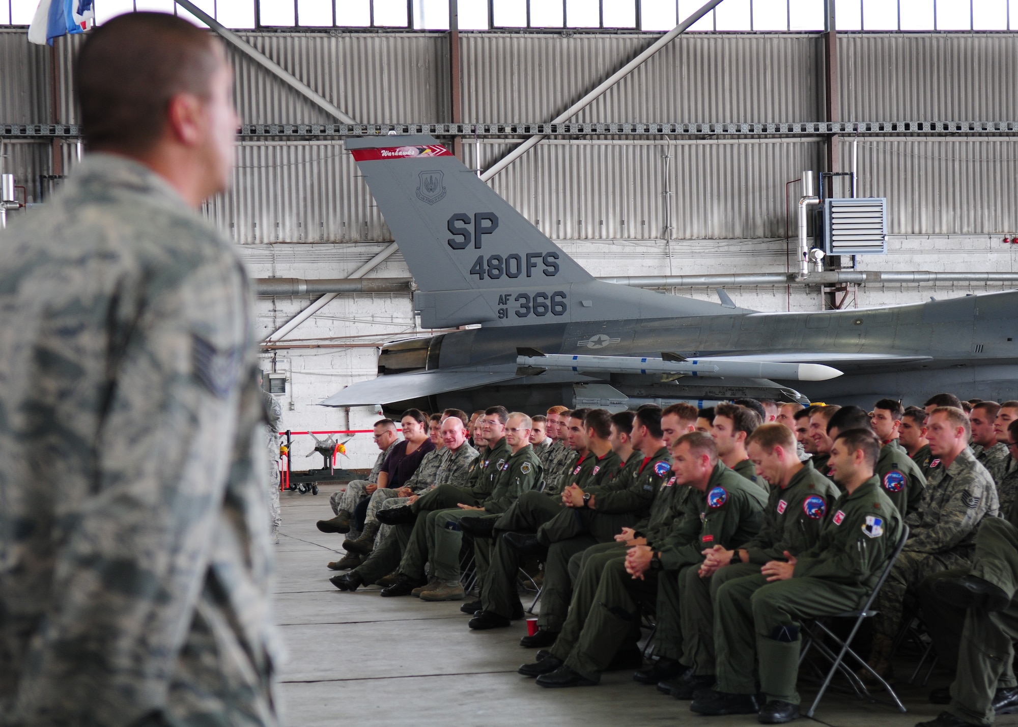 SPANGDAHLEM AIR BASE, Germany – The 480th flagship aircraft sits on static display during the Dedicated Crew Chief Ceremony Aug 13. This ceremony followed the activation of the 480th Fighter Squadron here, assigning dedicated crew chiefs to specific aircraft in the new squadron. "It's a symbolic act that shows we have respect for them and they have a high degree of responsibility for the work they perform," said Lt. Col. Andrew Wolcott, 480th FS commander. (U.S. Air Force Photo by/Staff Sgt. Heather M. Norris)