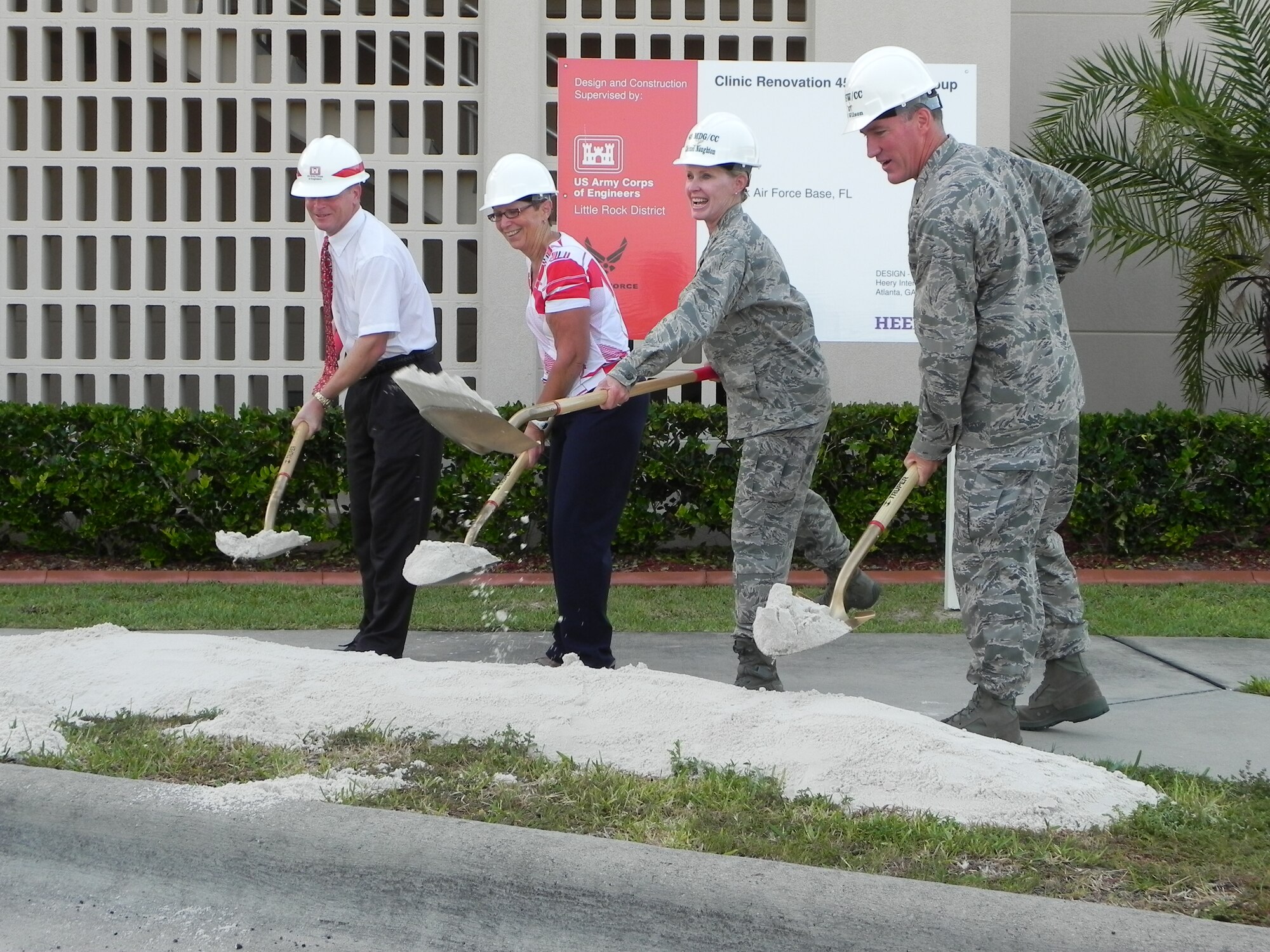 Col. Corinne Naughton, 45th SW Medical Group commander (second from right), excitedly tossed the very first shovel of dirt during the Groundbreaking Ceremony held to kickoff the new $18.5M clinic renovations.   “These new renovations will transform the Patrick Air Force Base Medical Group facilities into a state of the art outpatient clinic to be utilized by joint active duty and reserve servicemembers, the Space Coast’s vast military retiree population, and their families,” said Col. Naughton.  “Currently, our clinic handles well over 60,000 patient visits each year and these renovations will certainly enhance the already stellar care provided to our patients by our medics.”