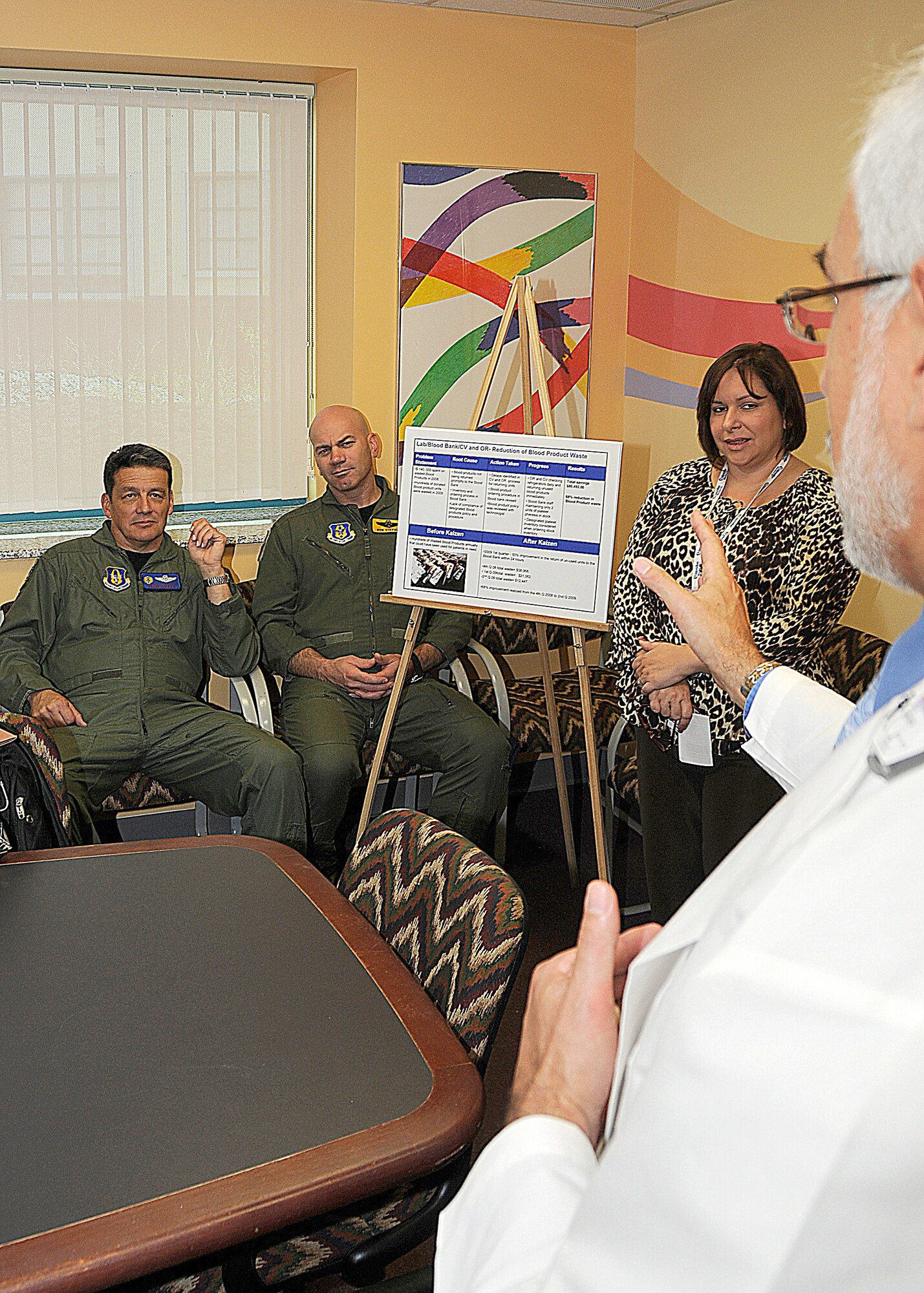 Dr Steven J. Melnick, Chief Department of Pathology and Clinical Laboratories at the Miami Children's Hospital  addresses Major General Frank J. Padilla, 10th Air Force Commander, during a tour focused on the hospital's implementation of the Lean system, a managerial process designed to help identify waste. 28 Commanders from 10th Air Force participated in a two day seminar on the Lean system at  Homestead Air Reserve Base and Children's Hospital, Aug 10-11, in order to gain skills for implementing cuts that require the Air Force as a whole to abide by within the 2016 deadline. 
