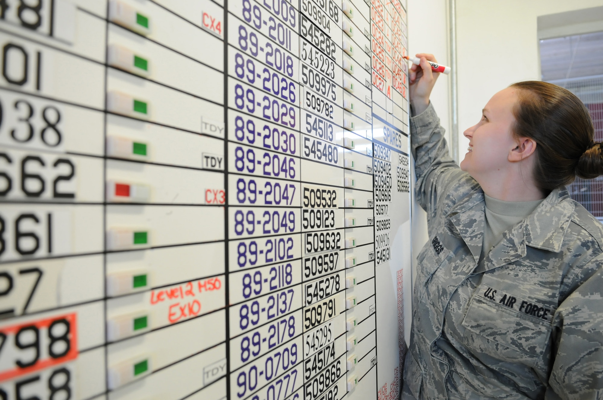 Senior Airmen Tonya Griggs, 31st Maintenance Squadron, Non Destructive Inspection technician, updates the Joint Oil Analysis Program board with aircraft engine serial numbers, status and o-carts for all aircraft assigned to Aviano, Aug. 11. (U.S. Air Force photo/ Staff Sgt. Nadine Y. Barclay)