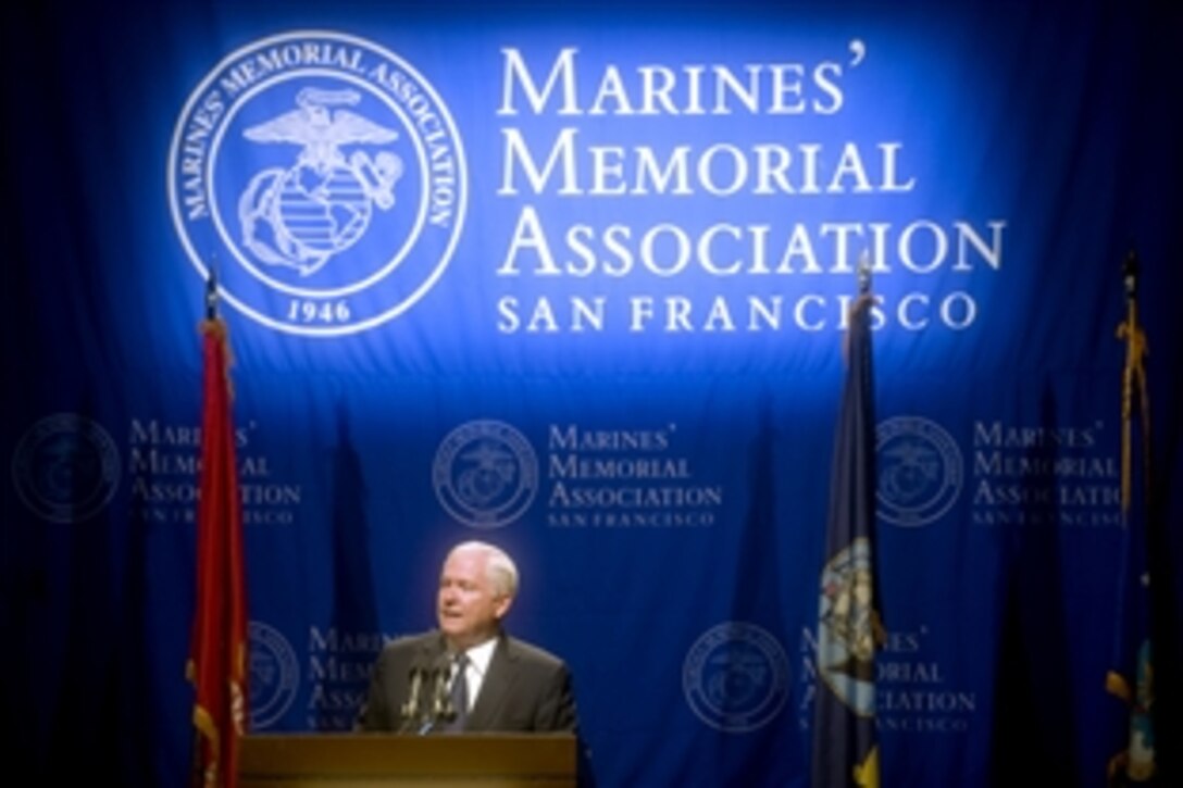 U.S. Defense Secretary Robert M. Gates delivers the George P. Schultz lecture to the Marines' Memorial Association in San Francisco, Aug. 12, 2010. During his speech, Gates said he has ordered a thorough force structure review of the Marine Corps to determine what the readiness of an expeditionary force should look like in the 21st century.
