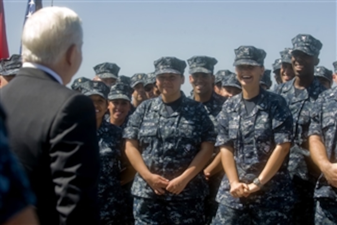 Secretary of Defense Robert M. Gates shares a laugh with sailors on the USS Higgins (DDG 76) in San Diego, Calif., on Aug. 12, 2010.  
