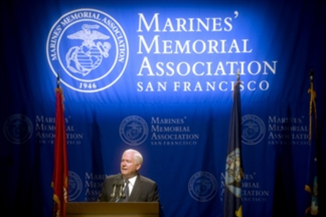Secretary of Defense Robert M. Gates delivers the George P. Schultz lecture to the Marines' Memorial Association in San Francisco, Calif., on Aug. 12, 2010.  