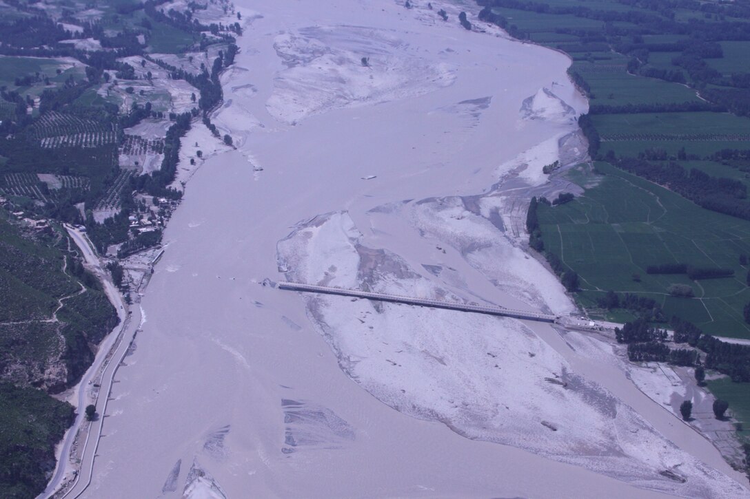 Scenery of destroyed bridge shot from a Marine Super Stallion (CH-53E) as a part of the humanitarian assistance relief efforts in Pakistan, Khyber Pakhtunkhwa province (formerly North West Frontier province), Pakistan, Aug. 13.
