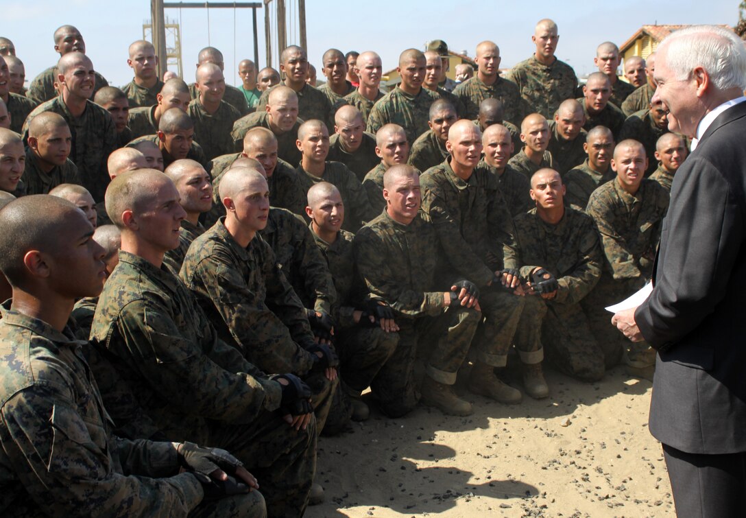 Dr. Robert M. Gates, secretary of defense, United States, speaks intimately with recruits of Company E, 2nd Battalion, Recruit Training Regiment. This was included in Gates’ two day visit in southern California. “Basic training is only the first step of the journey on which you have embarked.  When you leave here, and move on to your permanent assignment, you have the great responsibility of defending our nation and its interests – here at home and in distant lands,” said Gates. “It is no easy task, but it is a vital one if the United States is to remain safe, prosperous, and strong.”