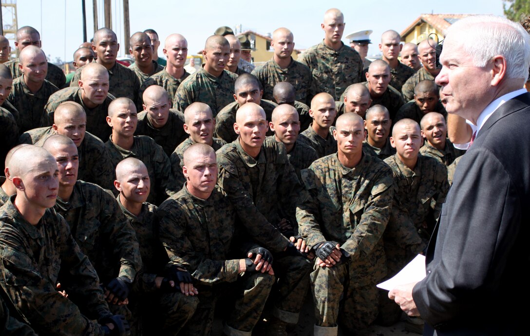 Dr. Robert M. Gates, secretary of defense, United States, speaks intimately with recruits of Company E, 2nd Battalion, Recruit Training Regiment. This was included in Gates’ two day visit in southern California. “Basic training is only the first step of the journey on which you have embarked.  When you leave here, and move on to your permanent assignment, you have the great responsibility of defending our nation and its interests – here at home and in distant lands,” said Gates. “It is no easy task, but it is a vital one if the United States is to remain safe, prosperous, and strong.”