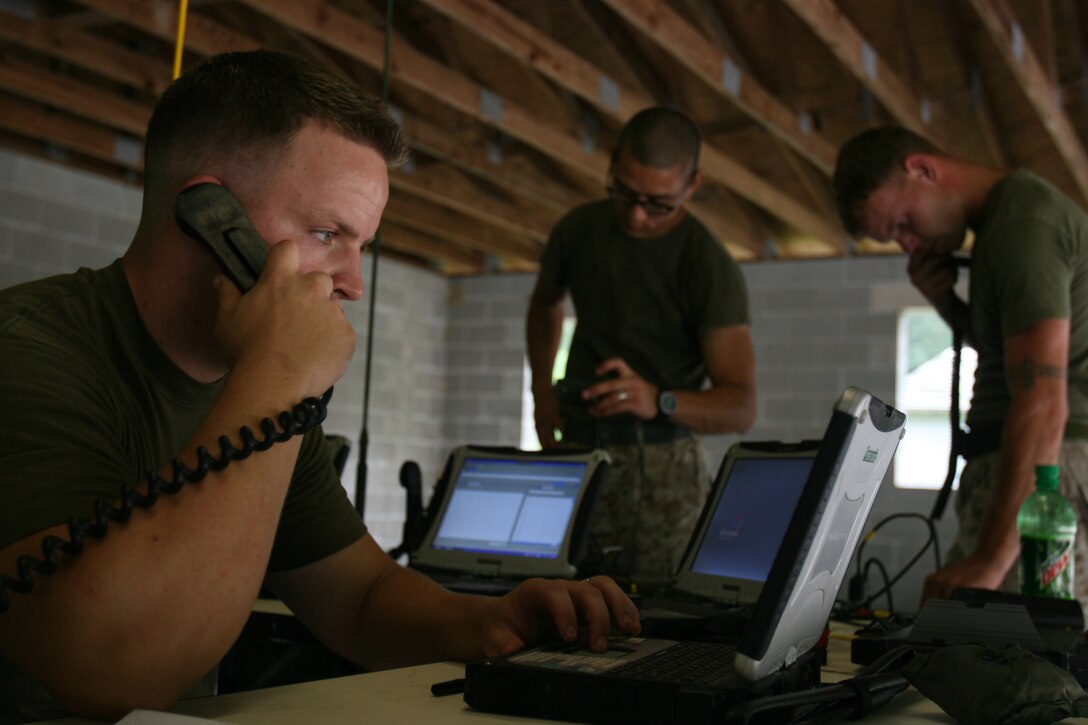 Marine Network Operators Course students communicate with operators in the field during the course’s final exercise. This was the fourth iteration of the 13-week course. (U.S. Marine Corps photo by Lance Cpl. Kyle McNally/Released)