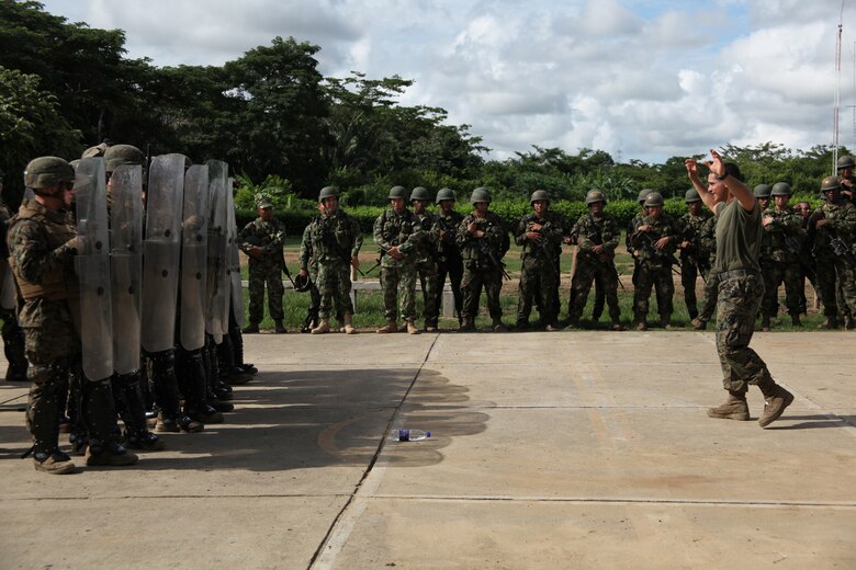 Sgt. Jesse A. Lavoie, native of Jacksonville, N.C., and assistant section leader of Company A, 2nd Assault Amphibian Battalion, Ground Combat Element of Special-Purpose Marine Air-Ground Task Force Continuing Promise 2010, simulates as a rioter during non-lethal weapons training at Colombian Marine Corps Training Base Covenas in Colombia, Aug. 14, 2010. Marines from USS Iwo Jima conducted subject matter expert exchanges with Colombian Marines Aug. 9-17 in support of Operation Continuing Promise 2010.