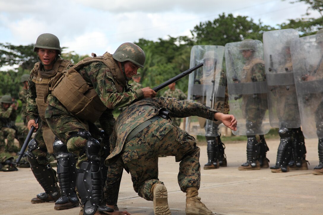 Colombian Marines grab a simulated rioter during non-lethal weapons training given to Colombian Marines by U.S. Marines with Company A, 2nd Assault Amphibian Battalion, Ground Combat Element of Special-Purpose Marine Air-Ground Task Force Continuing Promise 2010 at Colombian Marine Corps Training Base Covenas in Colombia, Aug. 14, 2010. Marines from USS Iwo Jima conducted subject matter expert exchanges with Colombian Marines Aug. 9-17 in support of Operation Continuing Promise 2010.
