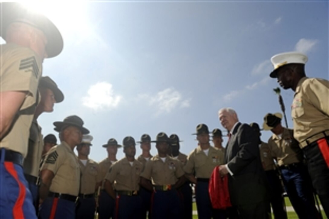 Defense Secretary Robert M. Gates thanks the drill instructors on the Marine Corp Recruit Depot in San Diego, Aug. 13, 2010.  
