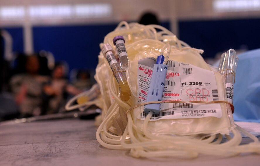MOODY AIR FORCE BASE, Ga. -- Donor bags that the American Red Cross use to collect blood sit on a table waiting to be used during a blood drive here Aug. 12. Each bag holds up to a pint of blood. (U.S. Air Force photo by Airman 1st Class Joshua Green/RELEASED)
