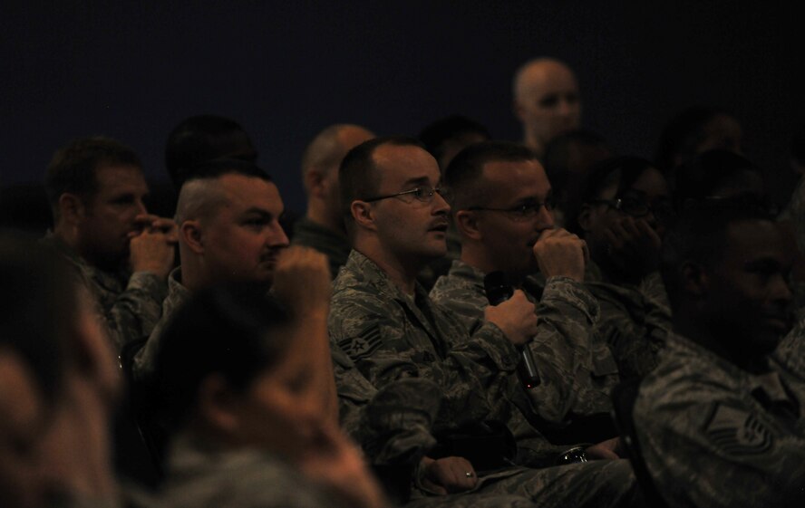 MOODY AIR FORCE BASE, Ga. -- Staff Sgt. Albert Jolley, 23rd Maintenance Operations Squadron scheduler, speaks about how to deal with situations portrayed in the skits here Aug. 13.  The goal of the skits was to influence Airmen to make good decisions in managing their behavior and reducing personal risk. (U.S. Air Force photo by Airman 1st Class Joshua Green/RELEASED)