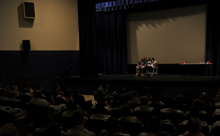 MOODY AIR FORCE BASE, Ga. -- Moody Airmen perform a skit as part of the Air Combat Command Safety Road Show here Aug. 13.  A wide variety of topics were covered including driving under the influence, distracted driving, wearing personal protective equipment and weapons safety. (U.S. Air Force photo by Airman 1st Class Joshua Green/RELEASED)