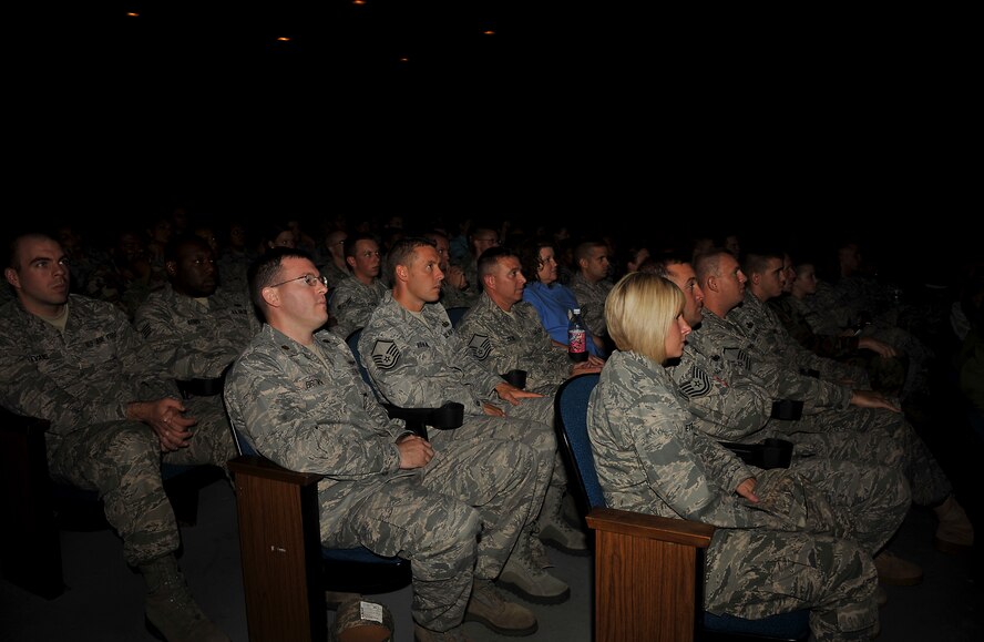 MOODY AIR FORCE BASE, Ga. -- Moody Airmen sit in the audience and watch skits from the Air Combat Command Safety Road show here Aug. 13. Contrary to the traditional briefing format, the road show was designed to be more appealing to Airmen because it allowed the audience an opportunity to watch a skit designed around key safety messages.  (U.S. Air Force photo by Airman 1st Class Joshua Green/RELEASED)