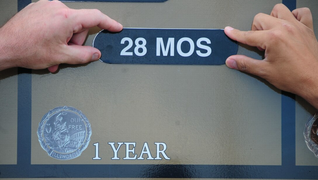 ELLSWORTH AIR FORCE BASE, S.D. -- (Left to right) Master Sgt. William Joyce, 28th Maintenance Operation Squadron first sergeant and Maj. Steven Haynes, 28 MOS commander, move the squadron magnet from six months to the one year bracket in celebration of 28 MOS achieving 365-days without incurring a driving under the influence charge.  Ellsworth Airmen strive to stay DUI free by utilizing several services offered both on base and within the local community, one program offered on base is the Safe-ride program, 385-RIDE. (U.S. Air Force Photo Illustration/Airman 1st Class Anthony Sanchelli)
