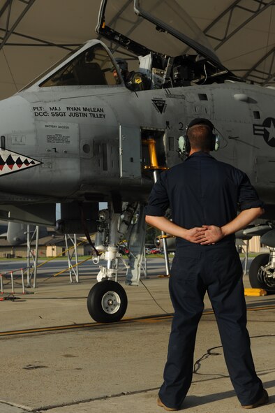MOODY AIR FORCE BASE, Ga. -- Staff Sgt. David Clifford, Air Combat Command East Coast A-10 Demonstration Team dedicated crew chief, executes professional military bearing at parade rest during  a 74th Fighter Squadron pilot's preflight checklist  here Aug. 13. Approximately 130 crew members including  , maintainers and pilots from Moody traveled to Yuma, Ariz., to participate with U.S. Marine Corps and U.S. Navy forces in the Enhanced Mojave Viper Exercise. (U.S. Air Force photo by Airman 1st Class Benjamin Wiseman/RELEASED)