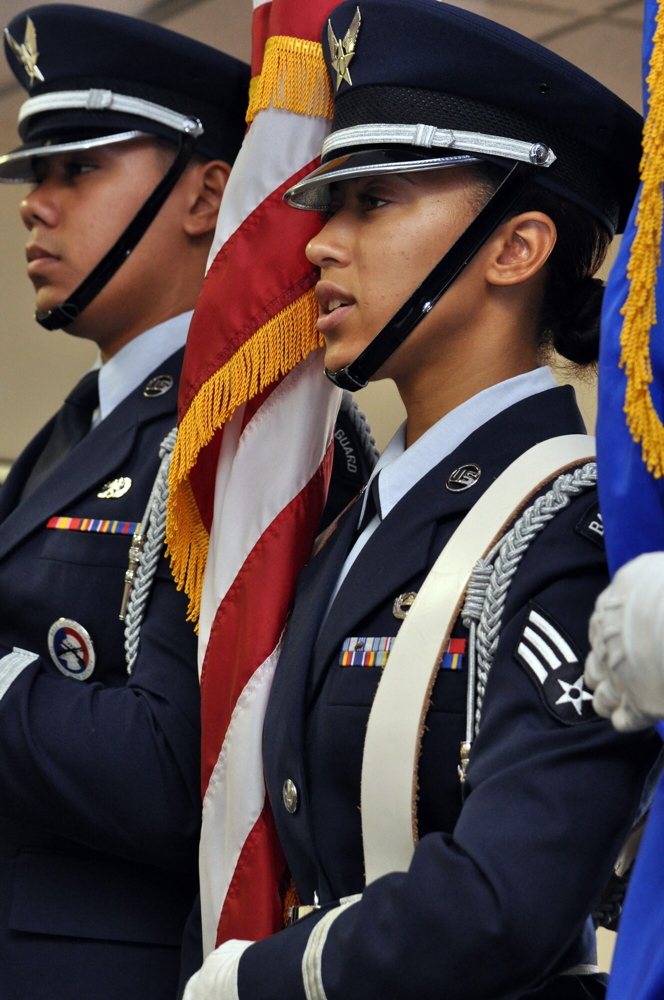 BARKSDALE AIR FORCE BASE, La. - Senior Airman Ciarra Shady gives commands during a color guard practice session.  Airman Shady is the 2009 Chief Master Sergeant of the Air Force base honor guard member of the year. (U.S. Air Force photo/Master Sgt. Corey A. Clements)