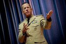 MONTEREY, Calif. -- Navy Adm. Mike Mullen, Chairman of the Joint Chiefs of Staff, addresses students at the Naval Postgraduate School in Monterey, Calif. on Aug. 10, 2010. Admiral Mullen is answering video questions posted to his YouTube site between now and Aug. 30. (DoD Photo by Mass Communication Specialist 1st Class Chad J. McNeeley/Released)