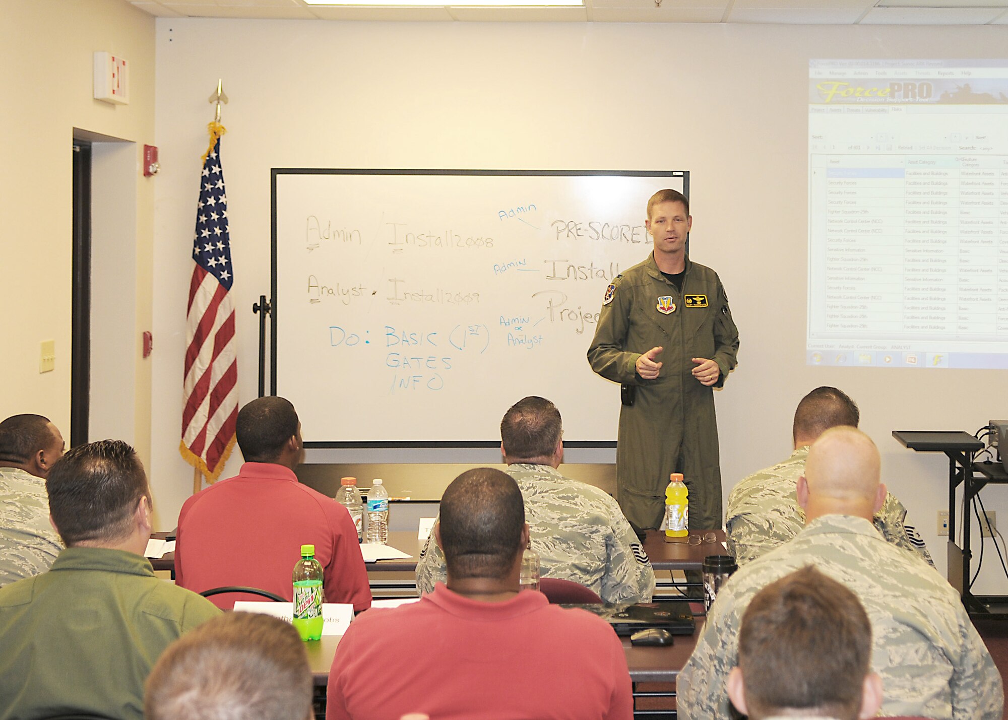 Col. Gary Henderson, the 23rd Wing commander at Moody Air Force Base, Ga., speaks to students on their last day of the Integrated Defense Risk Management Process and ForcePRO workshop July 30, 2010. The training is designed to teach students risk management principles through a new software program. (U.S. Air Force photo/Tech. Sgt. Patrick Hyde)