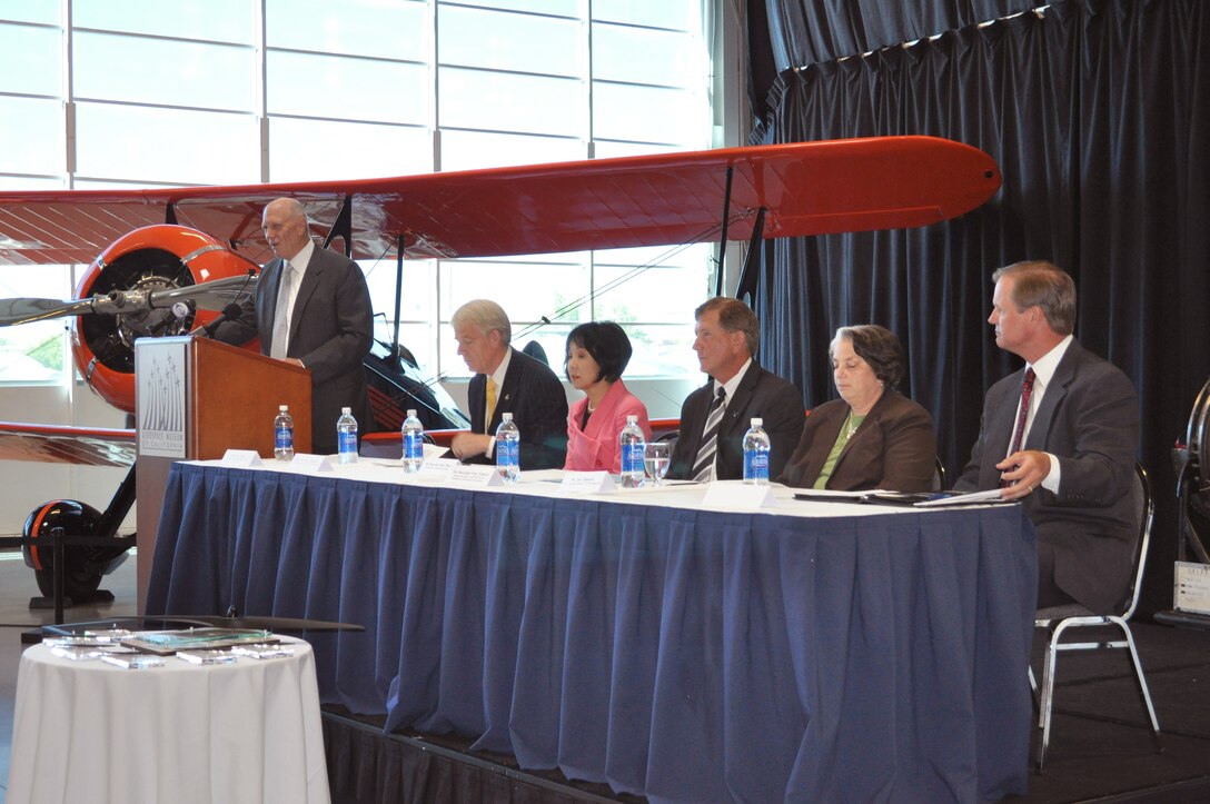 Larry Kelly, president of the McClellan Business Park, provides his remarks Aug. 12, 2010, during a ceremony to transfer some 560 acres of the former McClellan Air Force Base in Sacramento, Calif., to Sacramento County officials. Those officials estimate that when fully developed the business park will host some 35,000 jobs and generate millions of dollars in tax revenue.  (U.S. Air Force photo) 