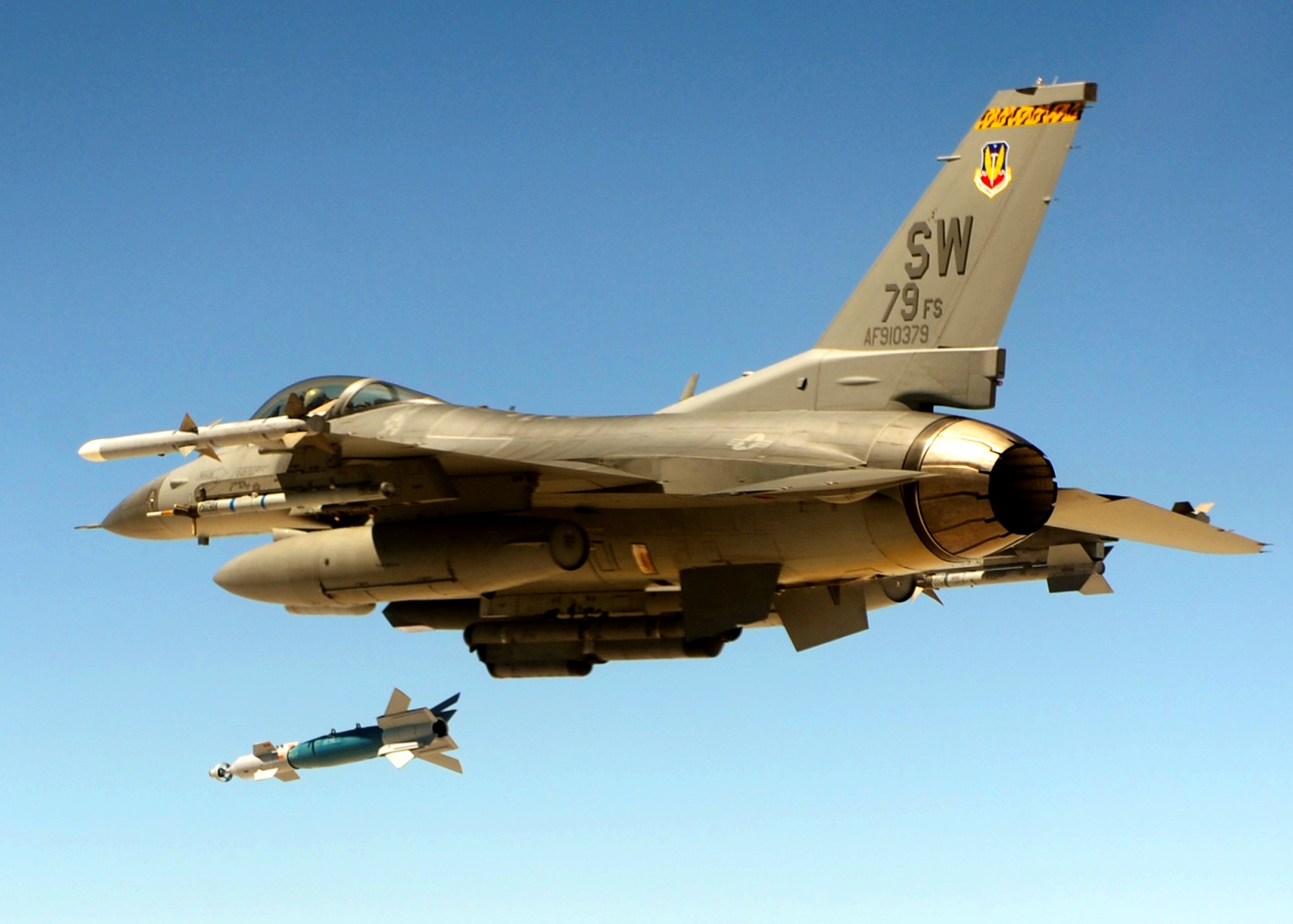 An F-16 Fighting Falcon from the 79th Fighter Squadron at Shaw Air Force Base, S.C., releases a Guided Bomb Unit-12 during a Weapons System Evaluation Program mission at Hill Air Force Base, Utah. This is the second of three weeks of evaluation at Hill AFB by the 53rd Weapons Evaluation Group.  The WSEP program is used to evaluate the effectiveness and suitability of combat air force weapon systems. The evaluations are accomplished during tactical deliveries of fighter, bomber and unmanned aerial system precision guided munitions, on realistic targets with air-to-air and surface-to-air defenses. For many of the aircrew participating in WSEP, it is the first time employing live weapons. This provides a level of combat experience many units face during combat.  Courtesy photo.