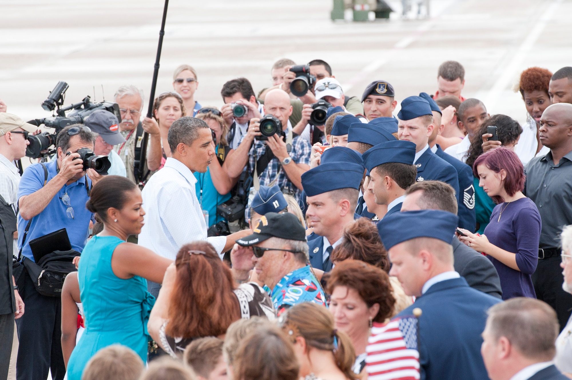 President Barack Obama and first lady Michelle Obama greet Airmen and guests after arriving on Tyndall Aug. 14. The first family took a short vacation to visit Panama City Beach, assuring Americans the Gulf Coast recovery efforts are well underway. (U.S. Air Force photo/Jonathan Gibson)