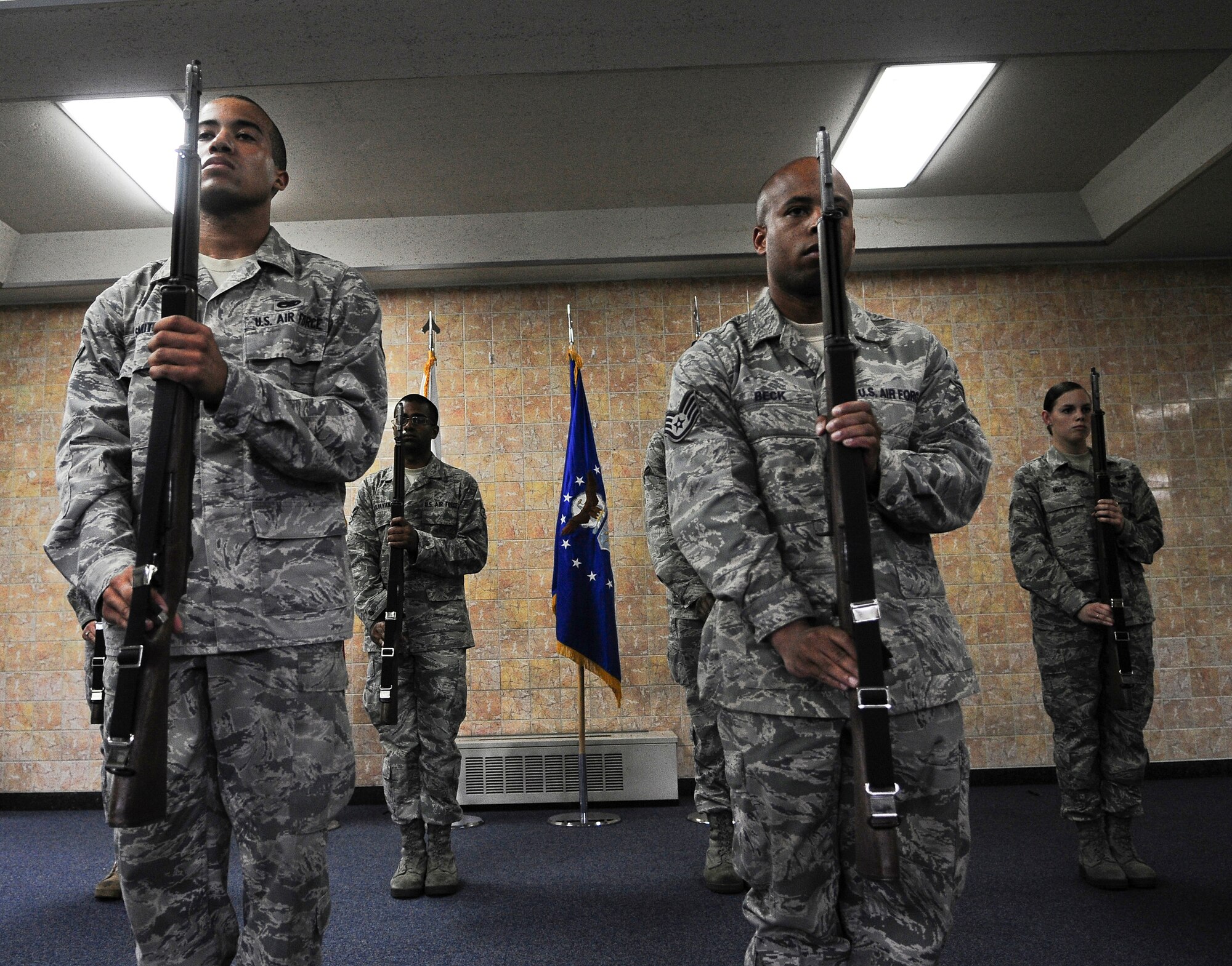 YOKOTA AIR BASE, Japan -- Airmen participate in a week-long seminar held by the Yokota honor guard to determine if they have what it takes to becoming a Ceremonial Guardsmen. After hours of training and practice the recruits have to pass a rigorous evaluation in order to receive a 13 month contract with the honor guard. They will be responsible for performing in a multitude of military ceremonies to include: Changes of Command, Promotion Ceremonies, Retirement Ceremonies, and at times, military cordons and balls. (U.S. Air Force photo by Staff Sgt Stacy Moless)  