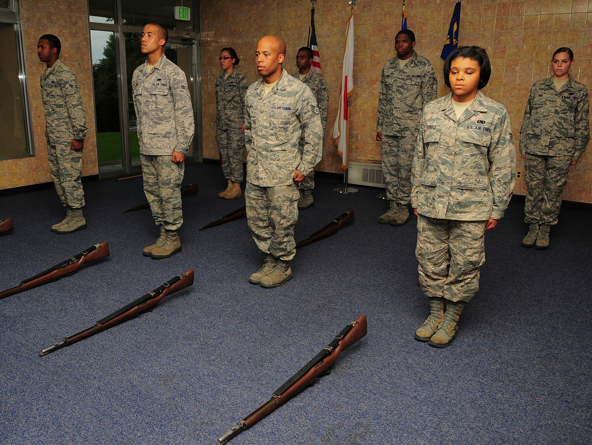 YOKOTA AIR BASE, Japan -- Airmen participate in a week-long seminar held by the Yokota Honor Guard to determine if they have what it takes to becoming a Ceremonial Guardsmen. After hours of training and practice the recruits have to pass a rigorous evaluation in order to receive a 13 month contract with the honor guard. They will be responsible for performing in a multitude of military ceremonies to include: Changes of Command, Promotion Ceremonies, Retirement Ceremonies, and at times, military cordons and balls. (U.S. Air Force photo by Staff Sgt Stacy Moless)    