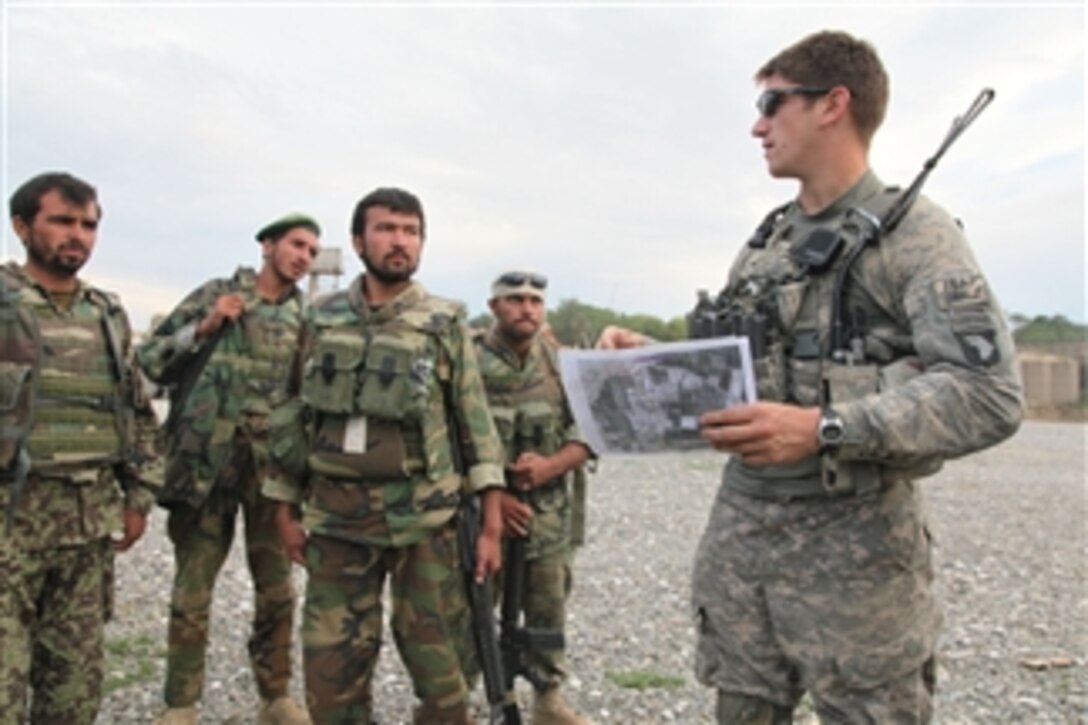 U.S. Army 2nd Lt. Charles Evans (right) a platoon leader with Charlie Company, 3rd Battalion, 187th Infantry Regiment, 101st Airborne Division gives a briefing to soldiers from the Afghan National Army before an air assault mission on the Tut village in Andar district, Ghazni province, Afghanistan, on Aug. 8, 2010.  