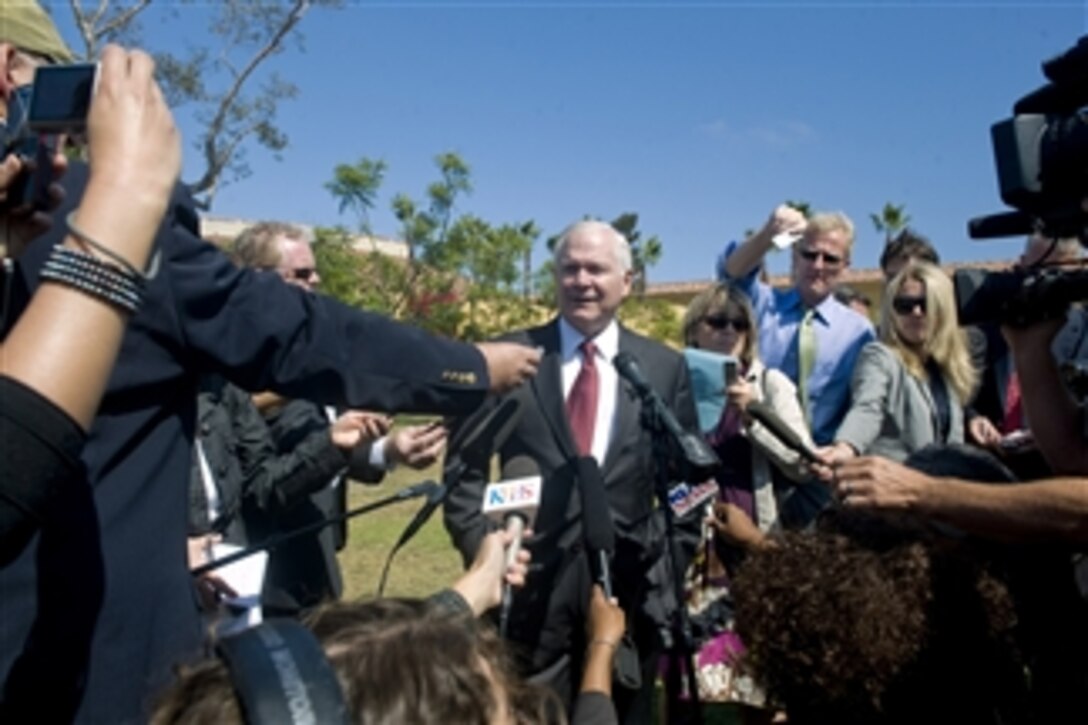 Secretary of Defense Robert M. Gates speaks to members of the press after observing Marine recruits at the Combat Conditioning Field, Marine Corps Recruit Depot in San Diego, Calif., on Aug. 13, 2010.  