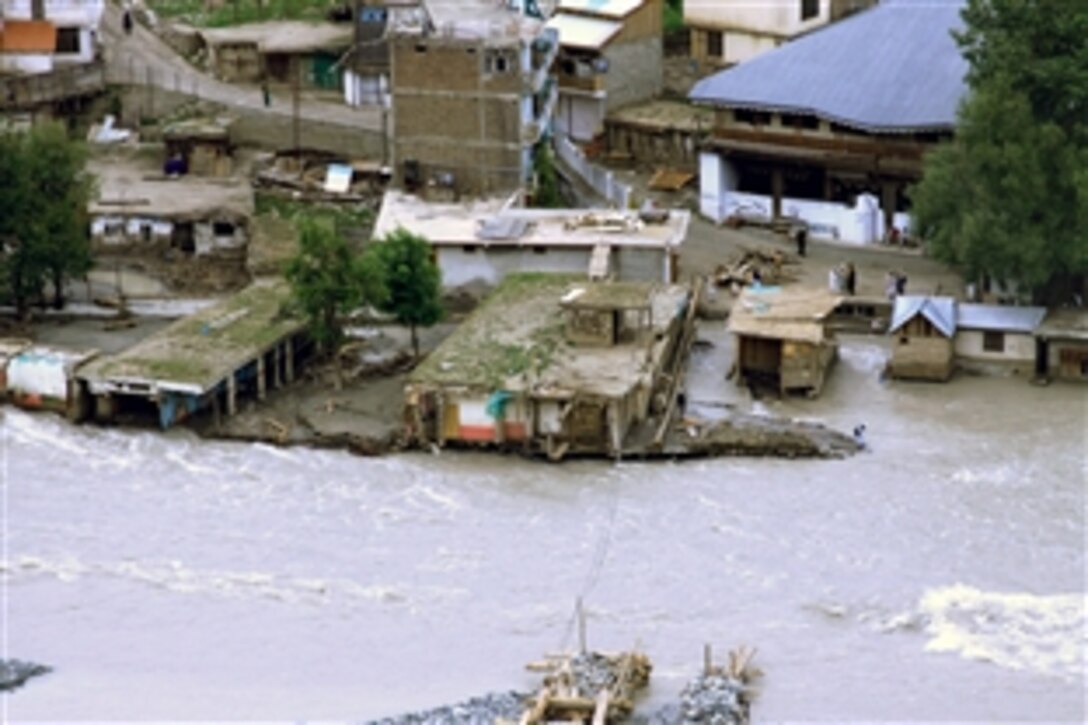 An aerial image taken from a Marine Corps Super Stallion helicopter during humanitarian relief efforts in Pakistan shows some of the flood damage in the Khyber-Pakhtunkhwa province, Pakistan, Aug. 16, 2010.