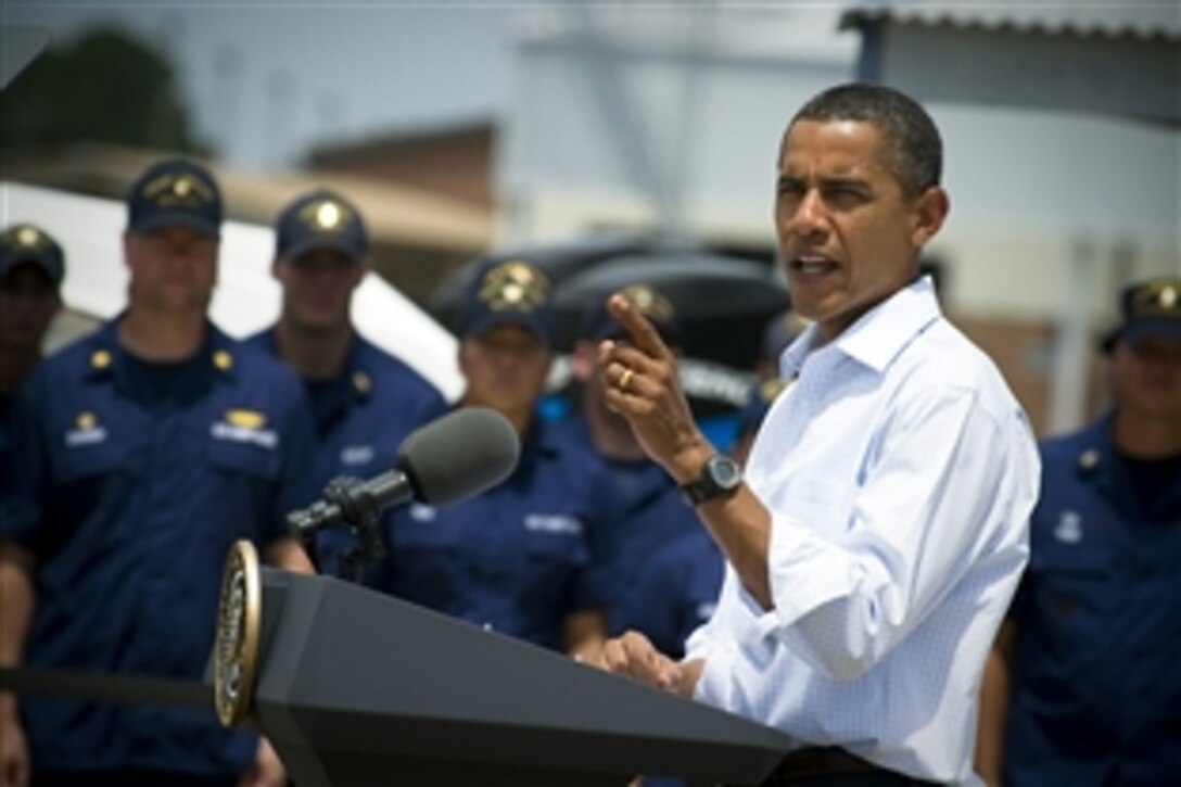 President Barack Obama speaks to the press about Gulf Coast oil spill clean-up efforts at Coast Guard Station Panama City, Panama City, Fla., Aug. 14, 2010.