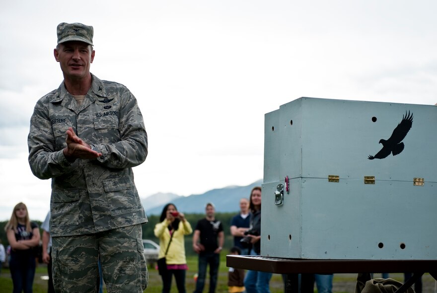 JOINT BASE ELMENDORF-RICHARDSON, Alaska – Col. Eric Overturf, 477th Fighter Group commander, prepares himself to release an American Bald back into the wild, Aug. 15. (Photo by Airman 1st Class Christopher Gross/JBER PAO)